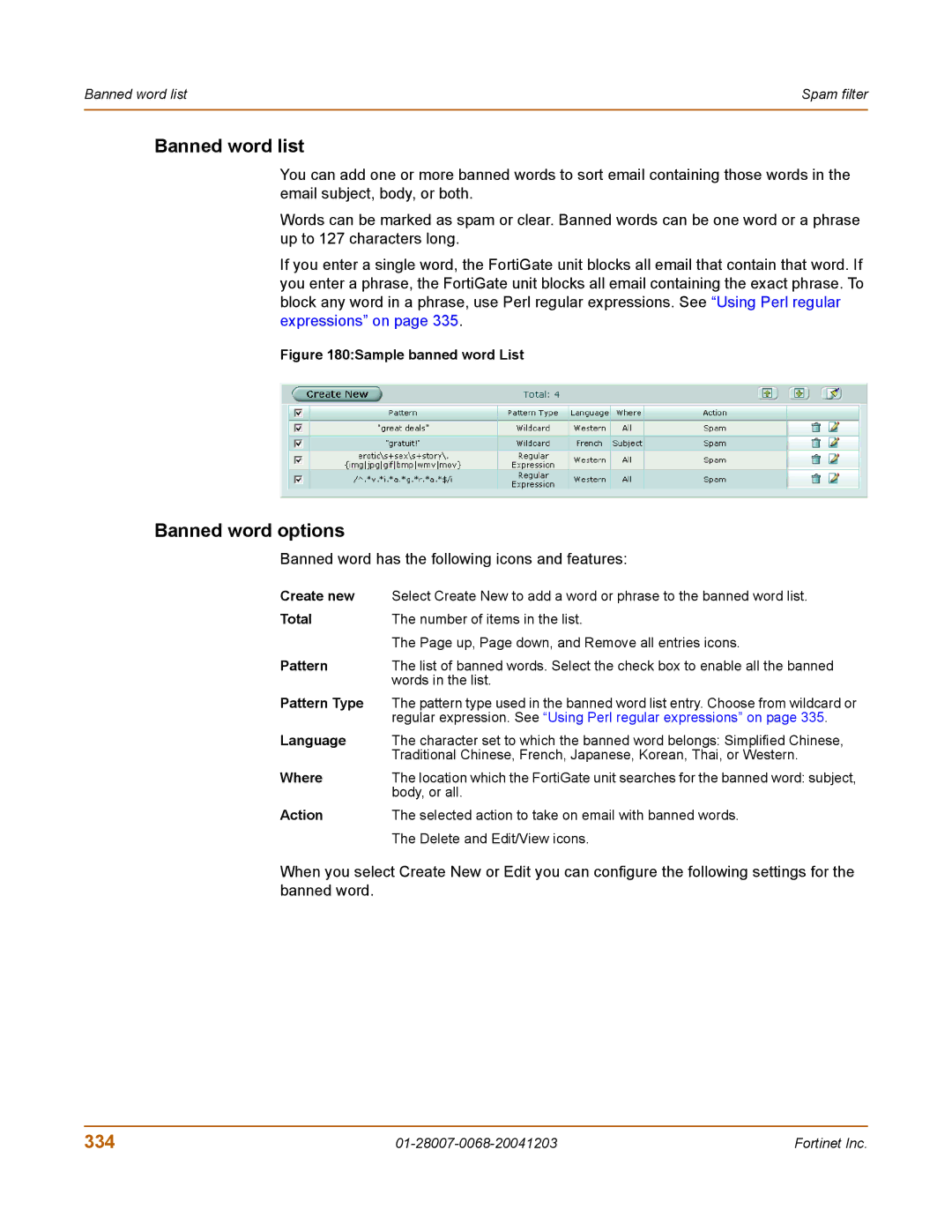 Fortinet 100A manual Banned word list, Banned word options, 334, Banned word has the following icons and features, Where 