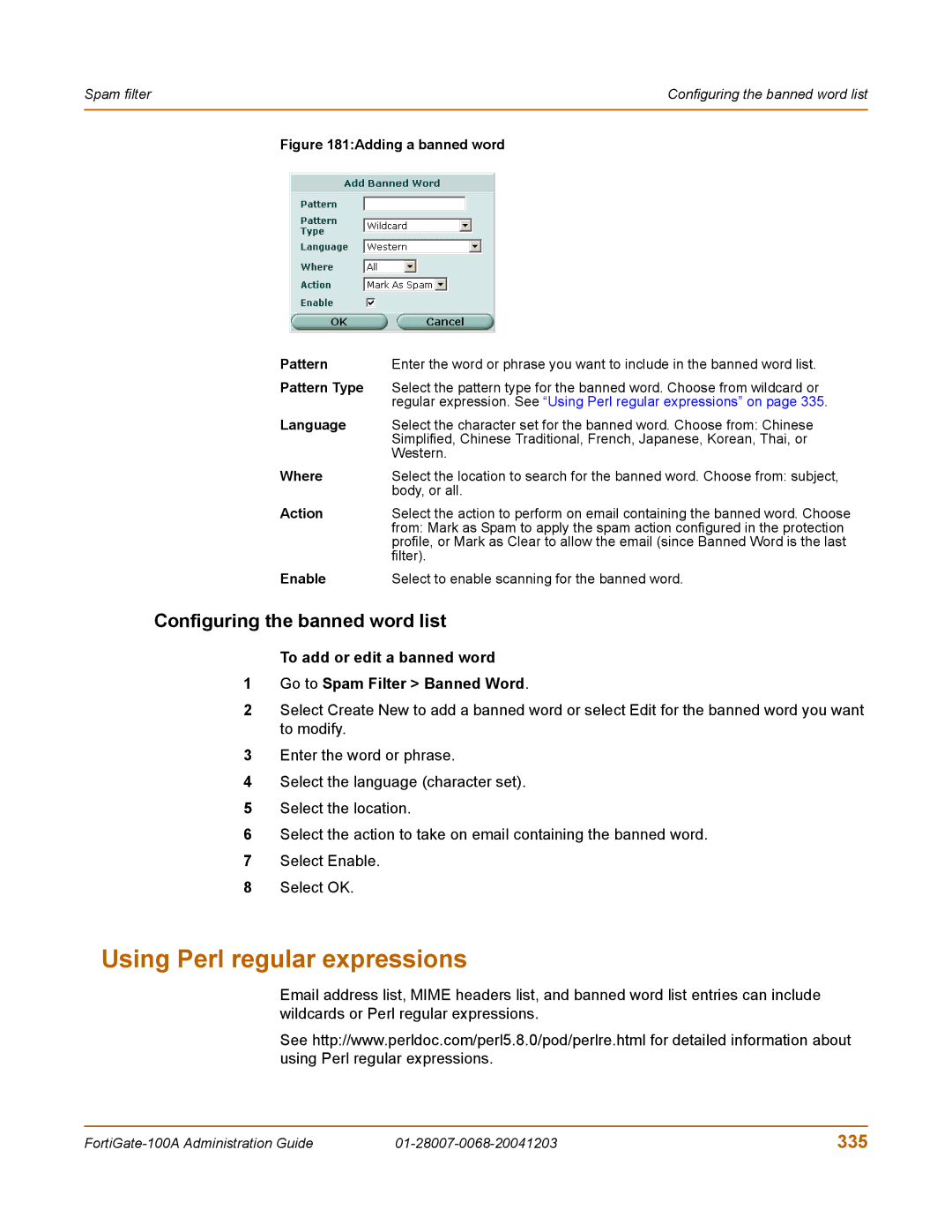 Fortinet 100A manual Using Perl regular expressions, Configuring the banned word list, 335 