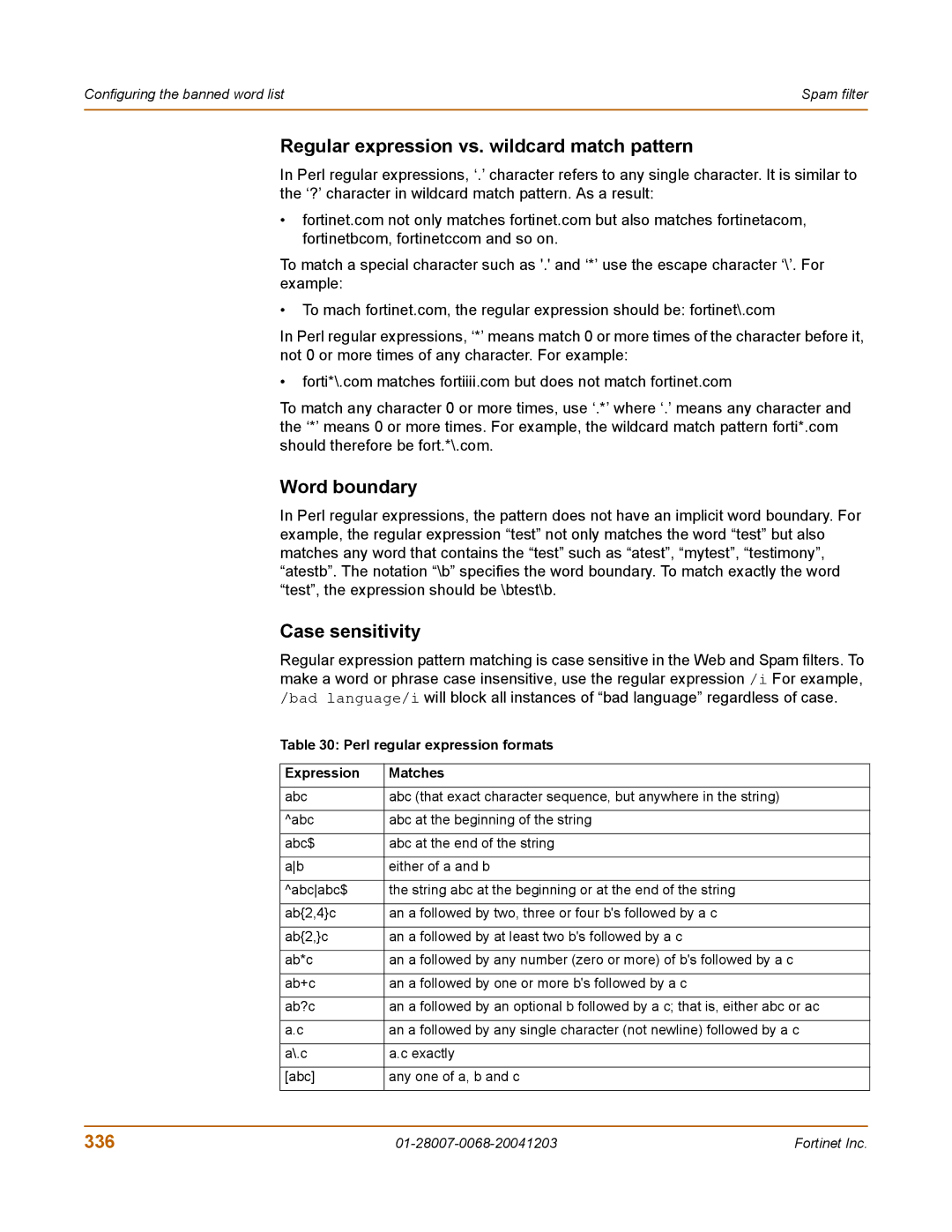 Fortinet 100A manual Regular expression vs. wildcard match pattern, Word boundary, Case sensitivity, 336 