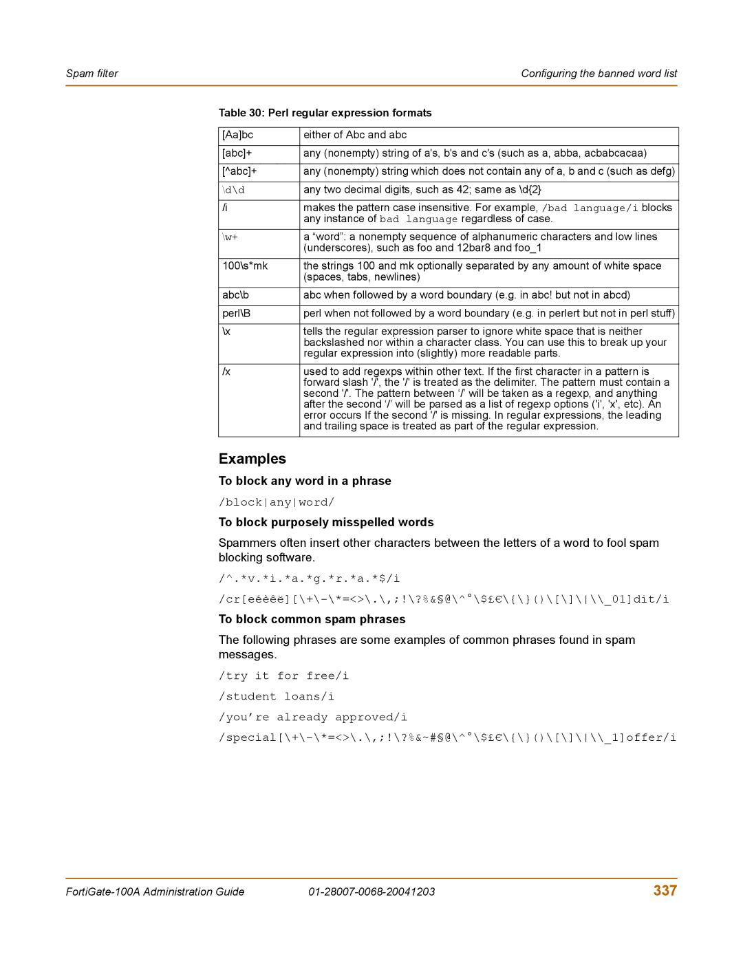 Fortinet 100A manual 337, To block any word in a phrase, To block purposely misspelled words, To block common spam phrases 