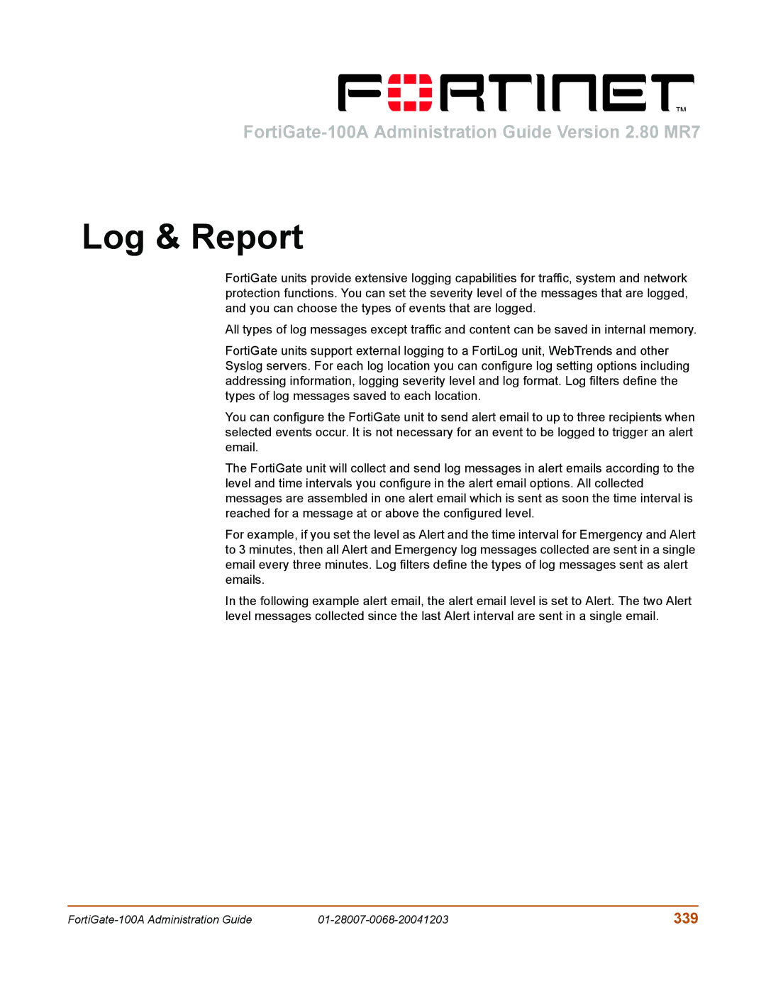 Fortinet 100A manual Log & Report, 339 