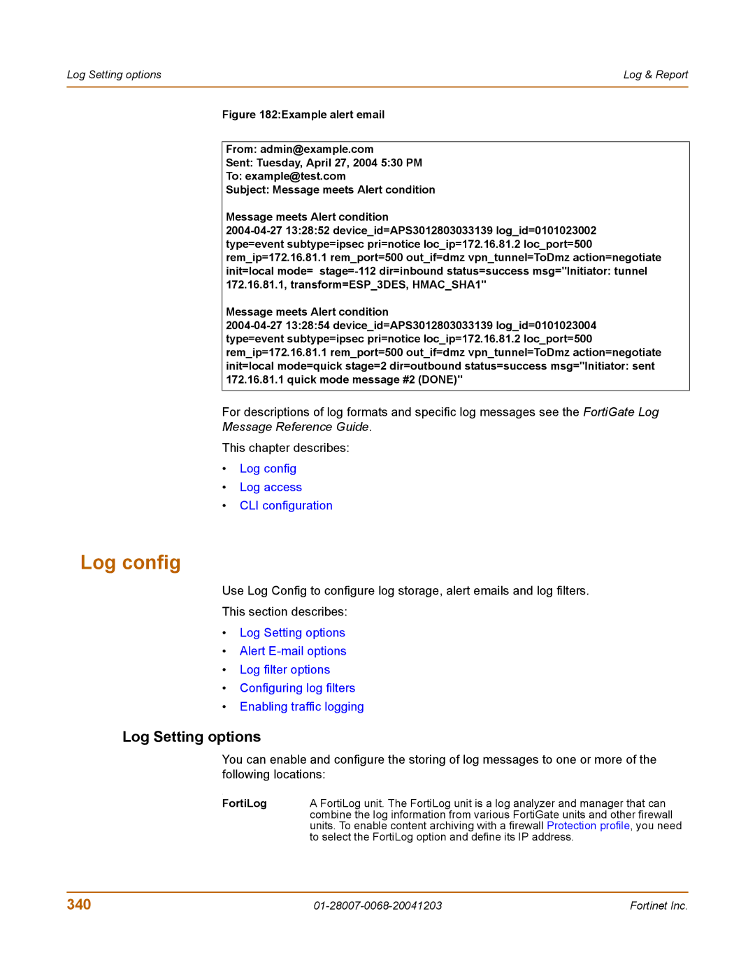 Fortinet 100A manual Log config, Log Setting options, 340, FortiLog 