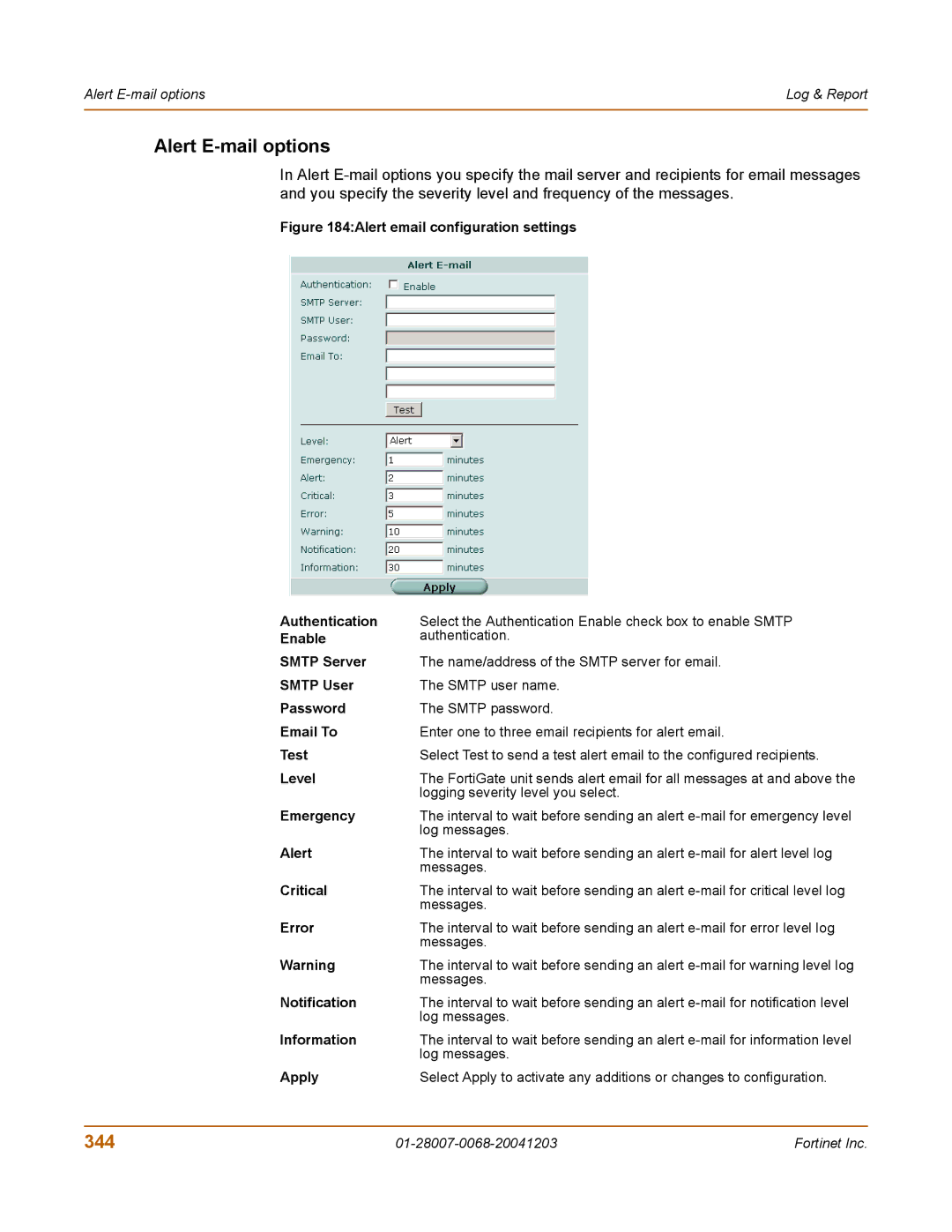 Fortinet 100A manual Alert E-mail options, 344 