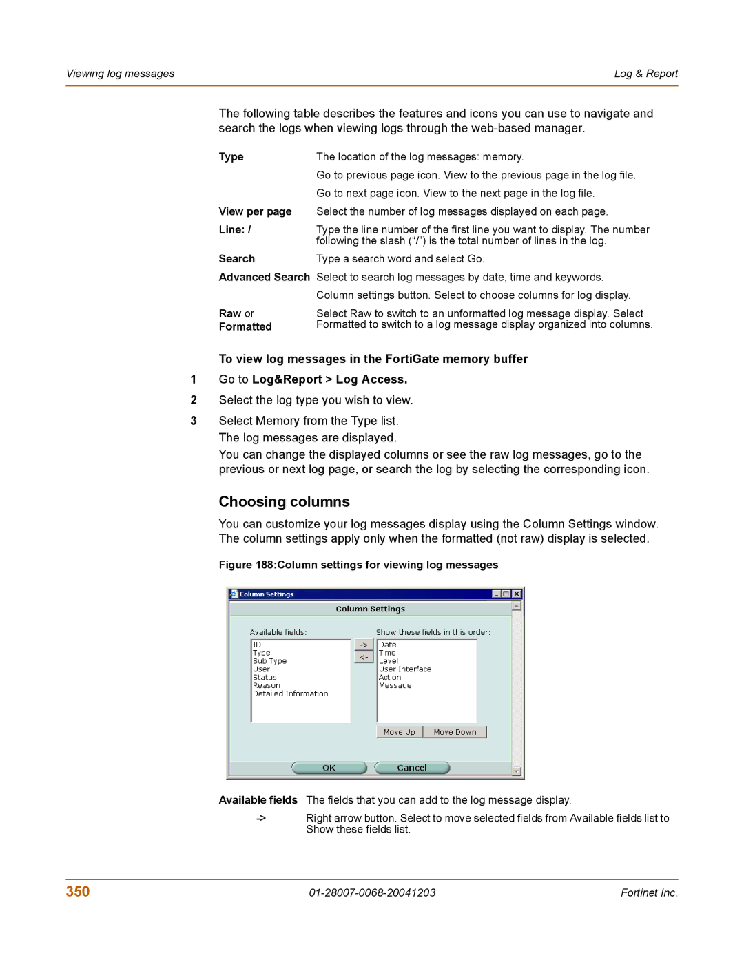 Fortinet 100A manual Choosing columns, 350 