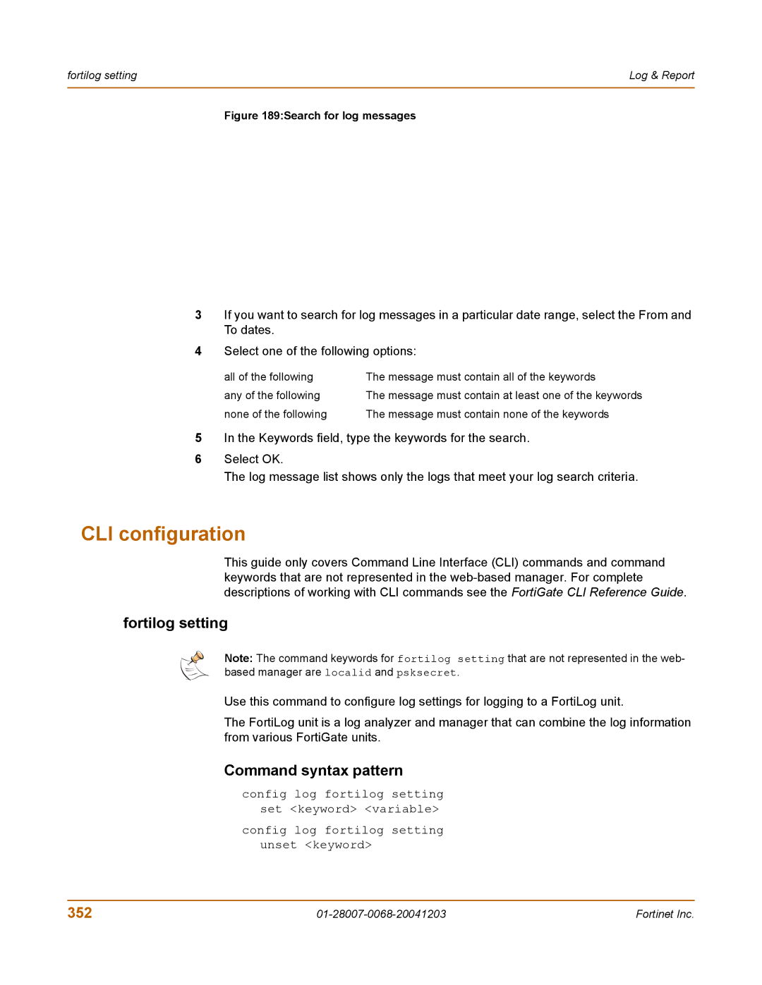 Fortinet 100A manual Fortilog setting, 352 