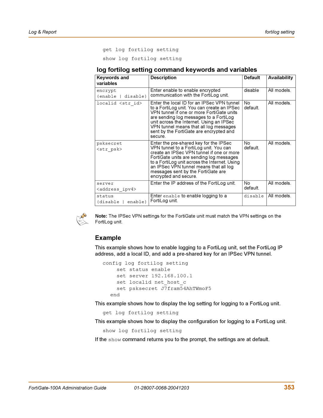 Fortinet 100A manual Log fortilog setting command keywords and variables, 353 