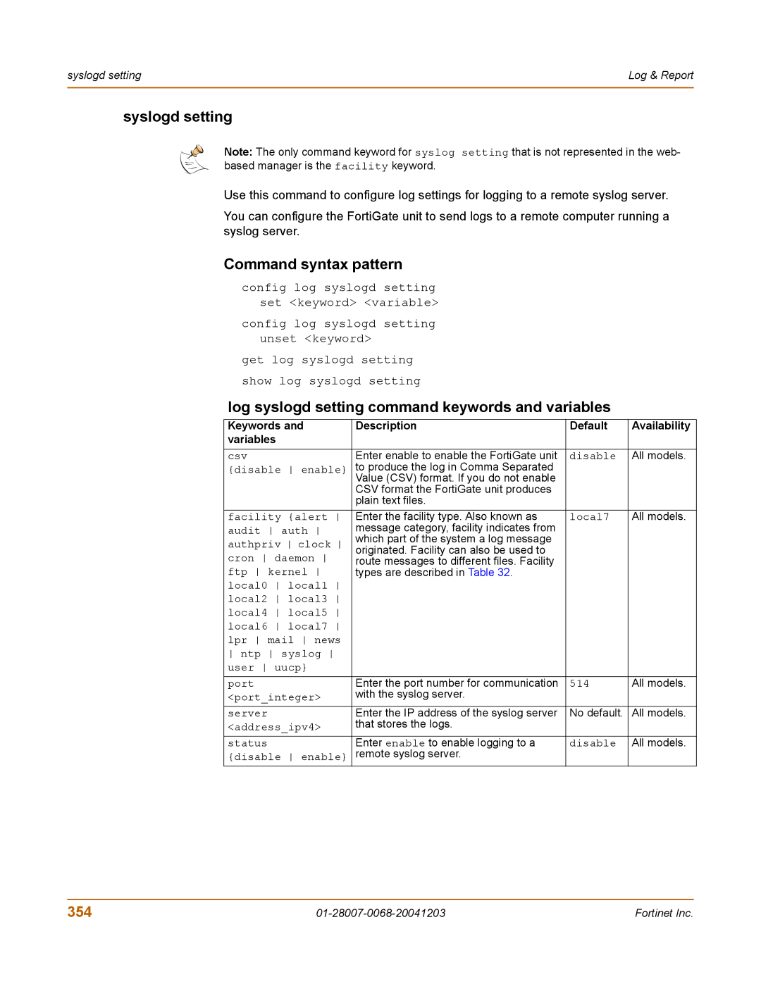 Fortinet 100A manual Syslogd setting, Log syslogd setting command keywords and variables, 354 