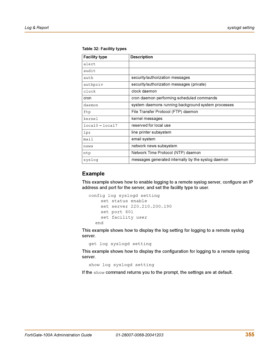 Fortinet 100A manual 355, Facility types Description 