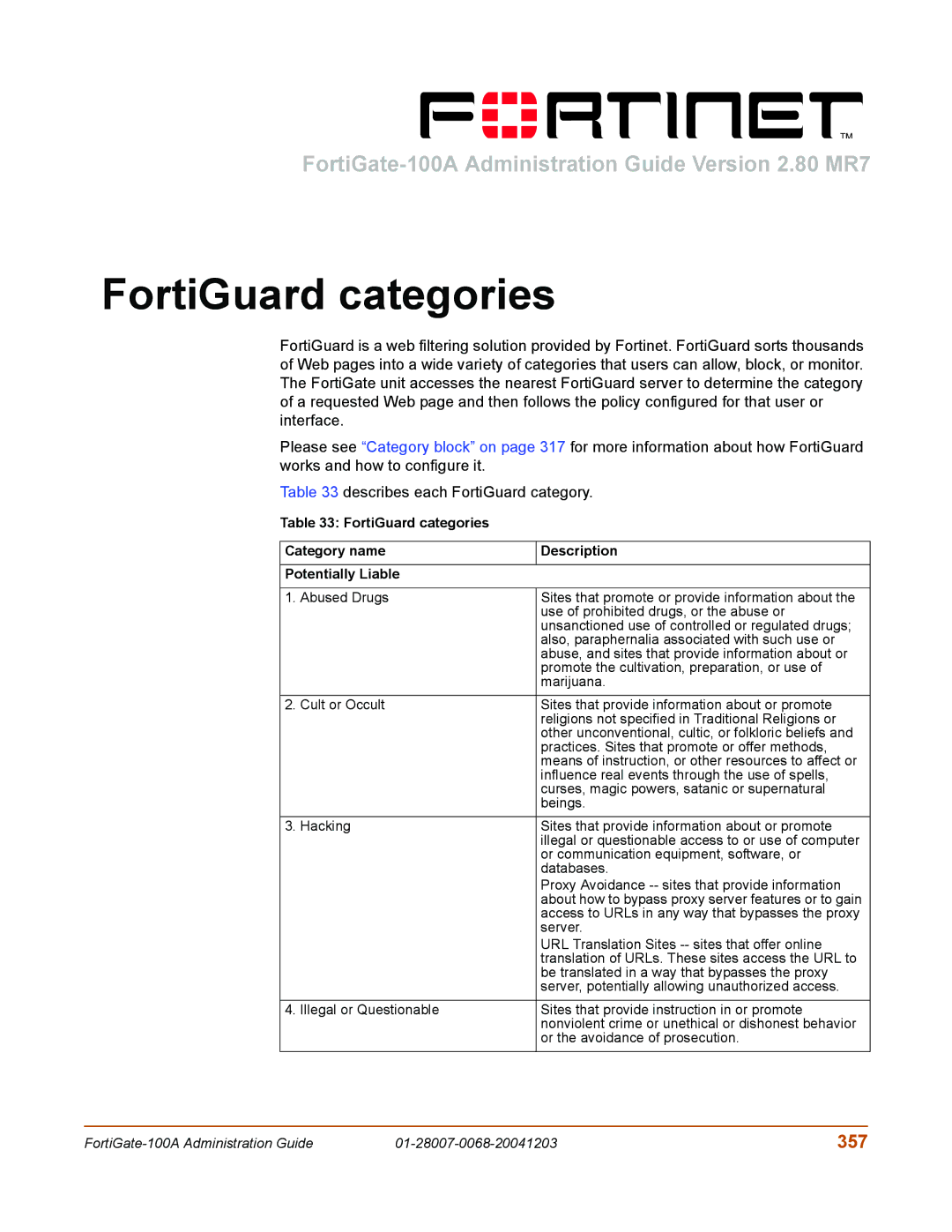 Fortinet 100A manual FortiGuard categories, 357 