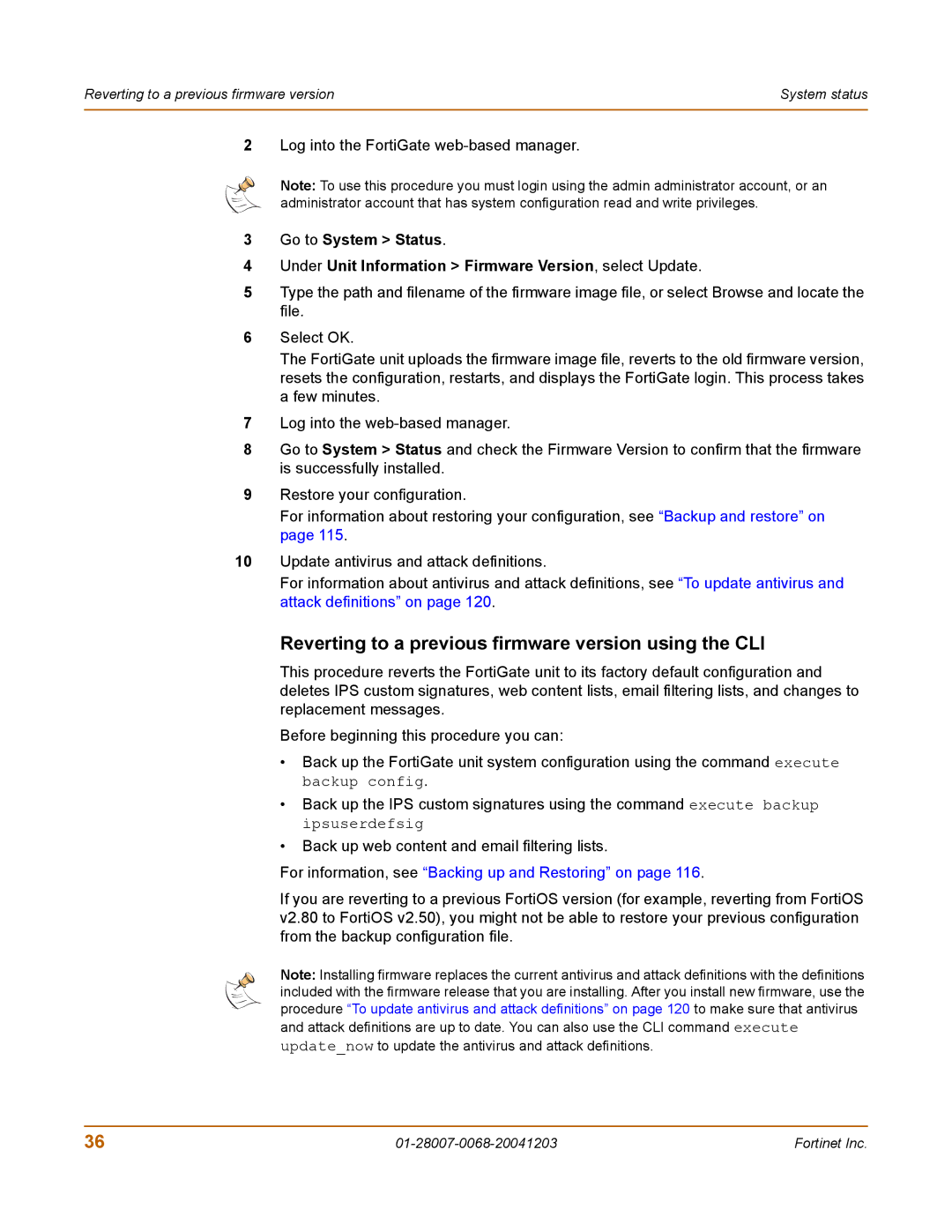 Fortinet 100A manual Reverting to a previous firmware version using the CLI, Log into the FortiGate web-based manager 