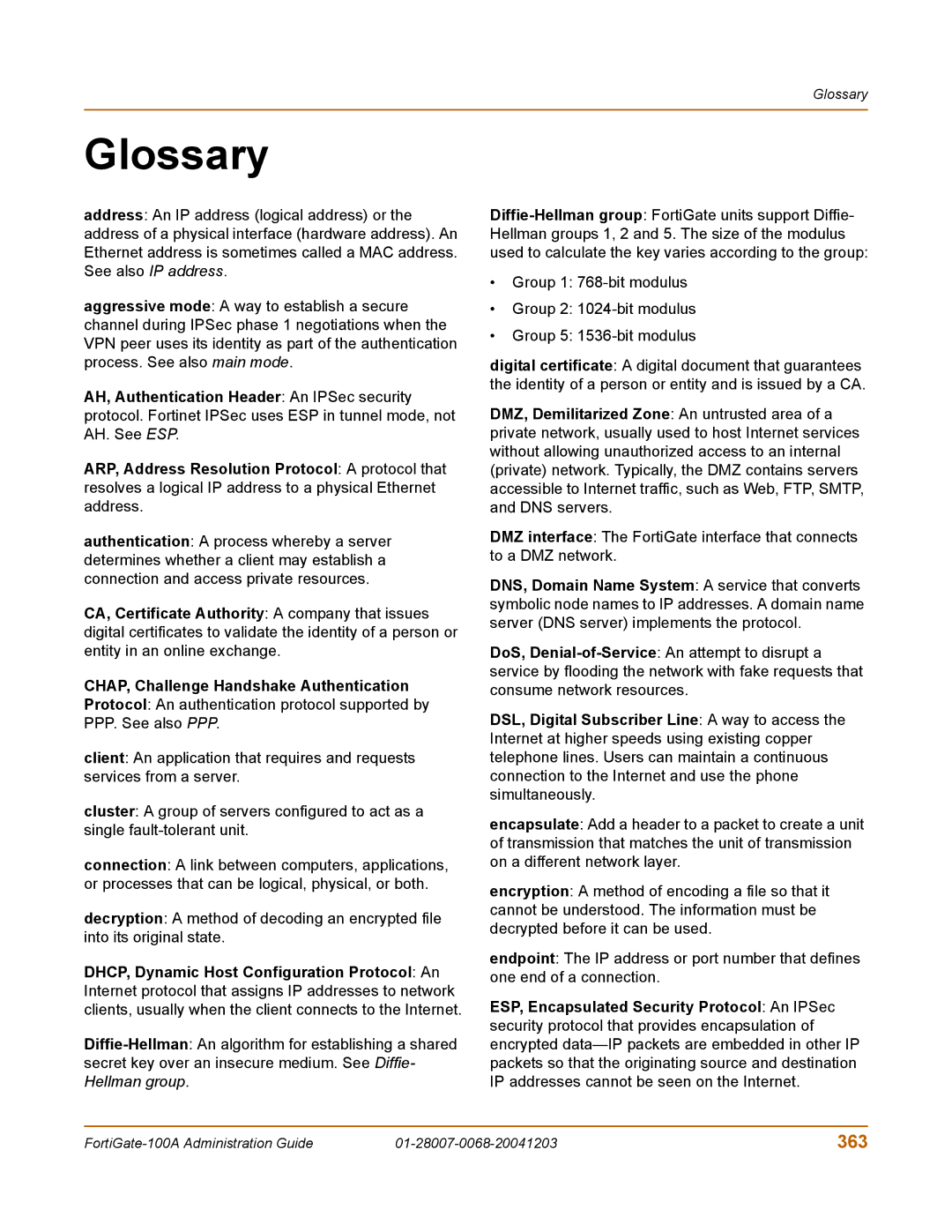 Fortinet 100A manual Glossary, 363 