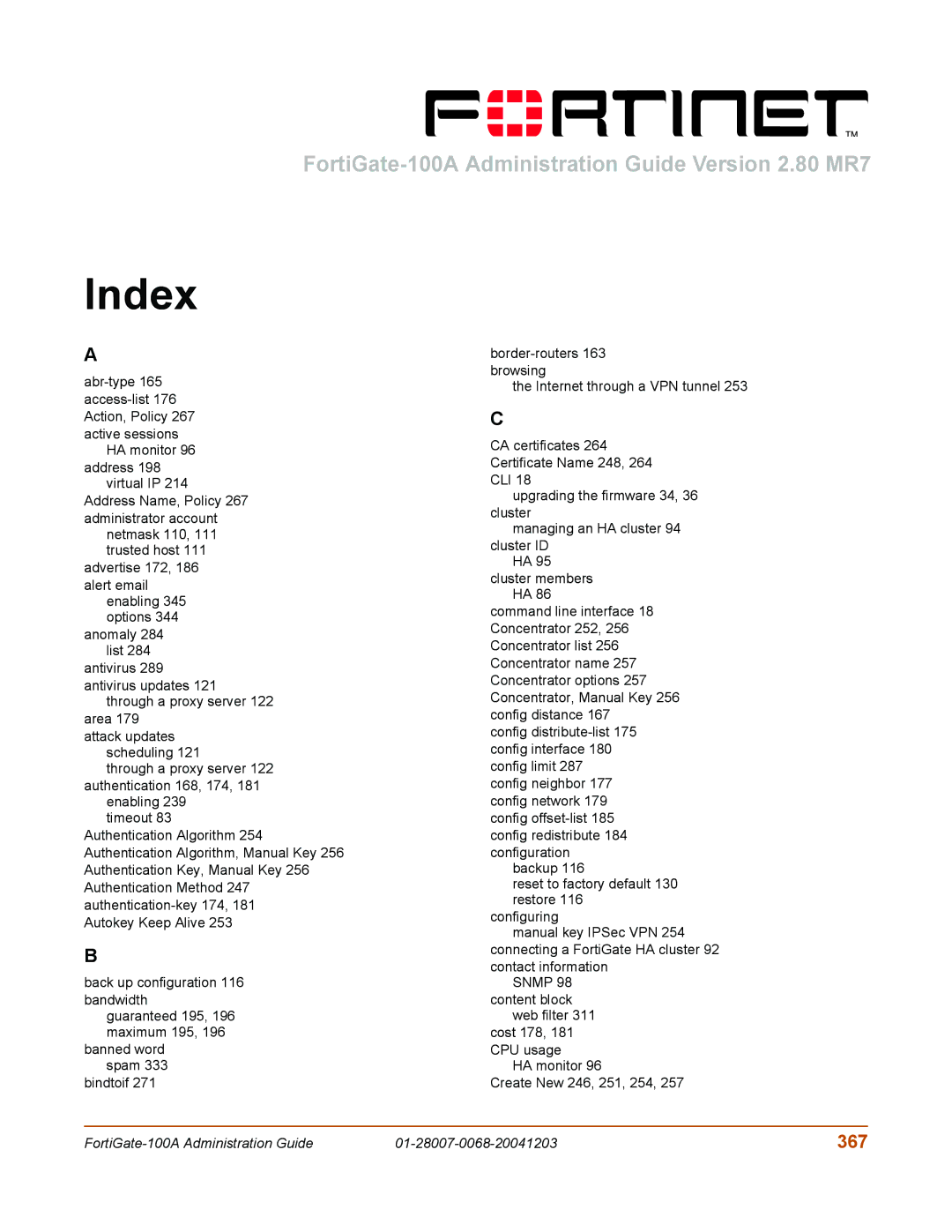 Fortinet 100A manual Index, 367 