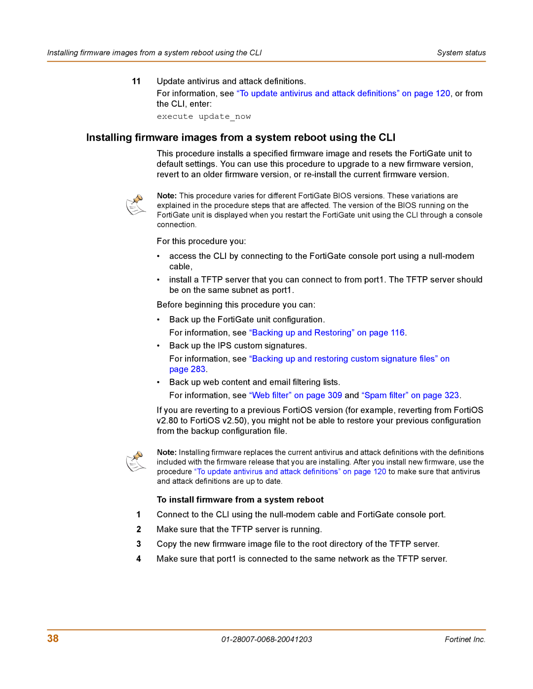 Fortinet 100A manual Back up the IPS custom signatures, To install firmware from a system reboot 