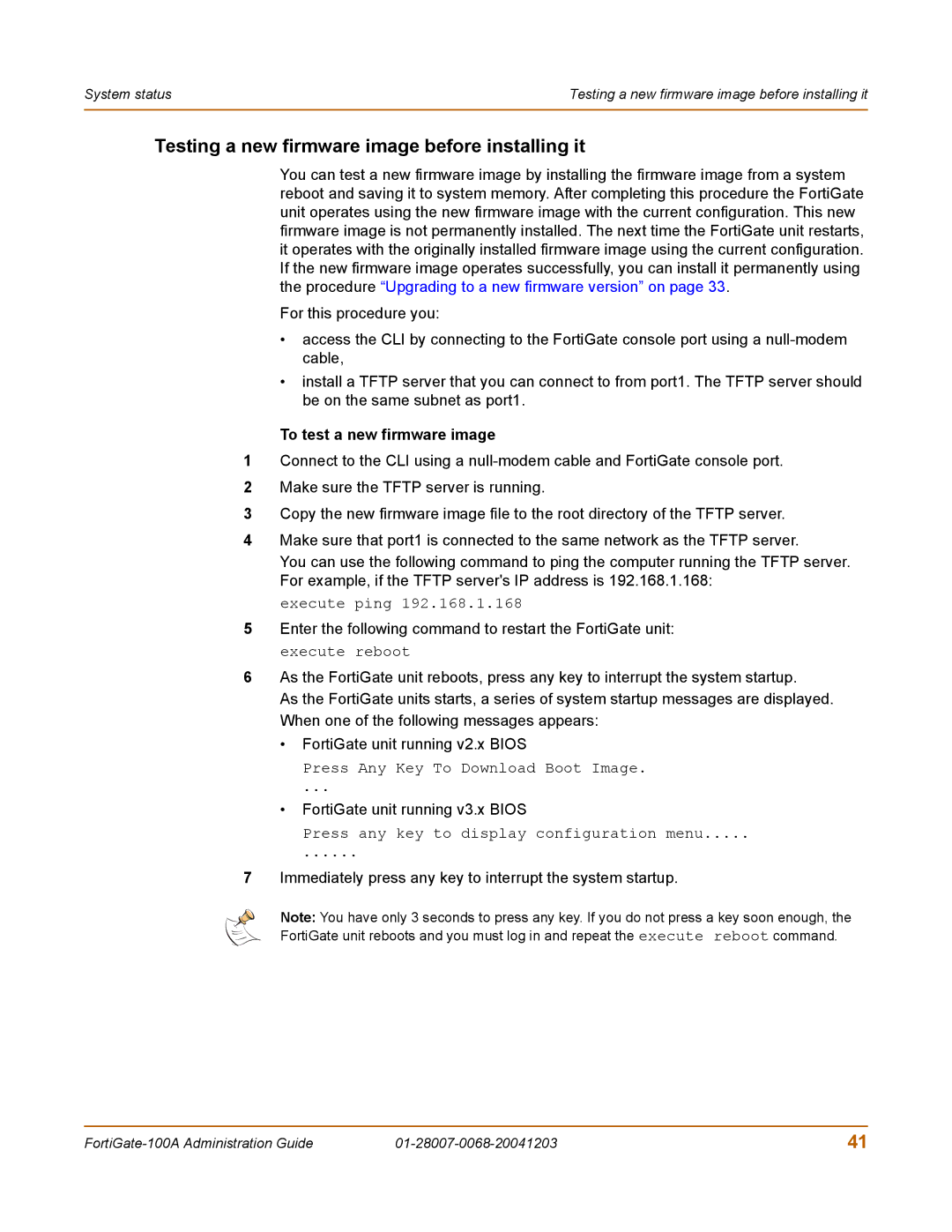 Fortinet 100A manual Testing a new firmware image before installing it, To test a new firmware image 