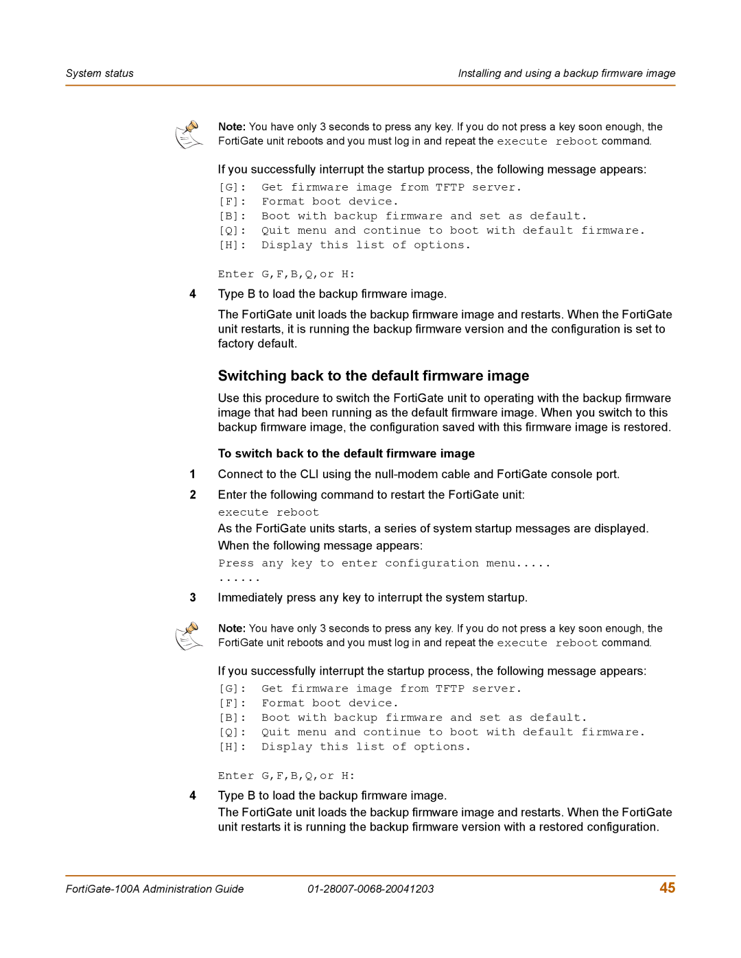 Fortinet 100A manual Switching back to the default firmware image, To switch back to the default firmware image 