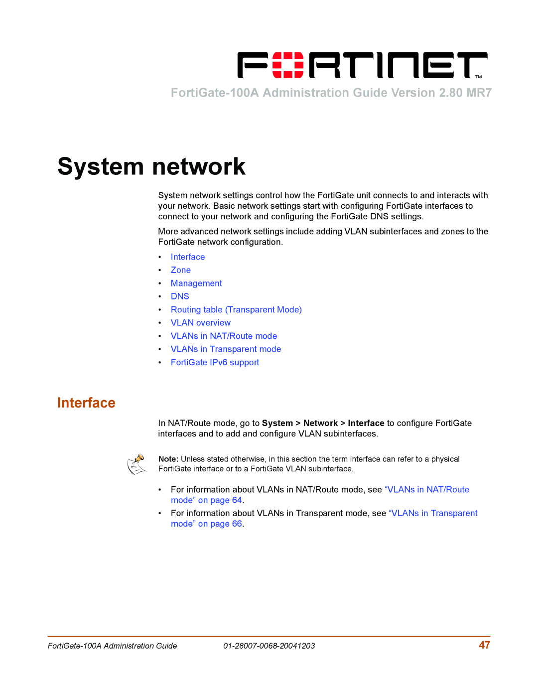 Fortinet 100A manual System network, Interface 