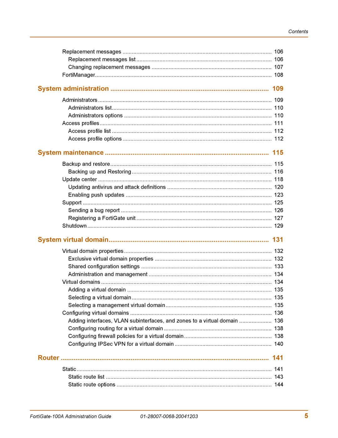 Fortinet 100A manual System administration 109, Static 141 Static route list 143 Static route options 144 