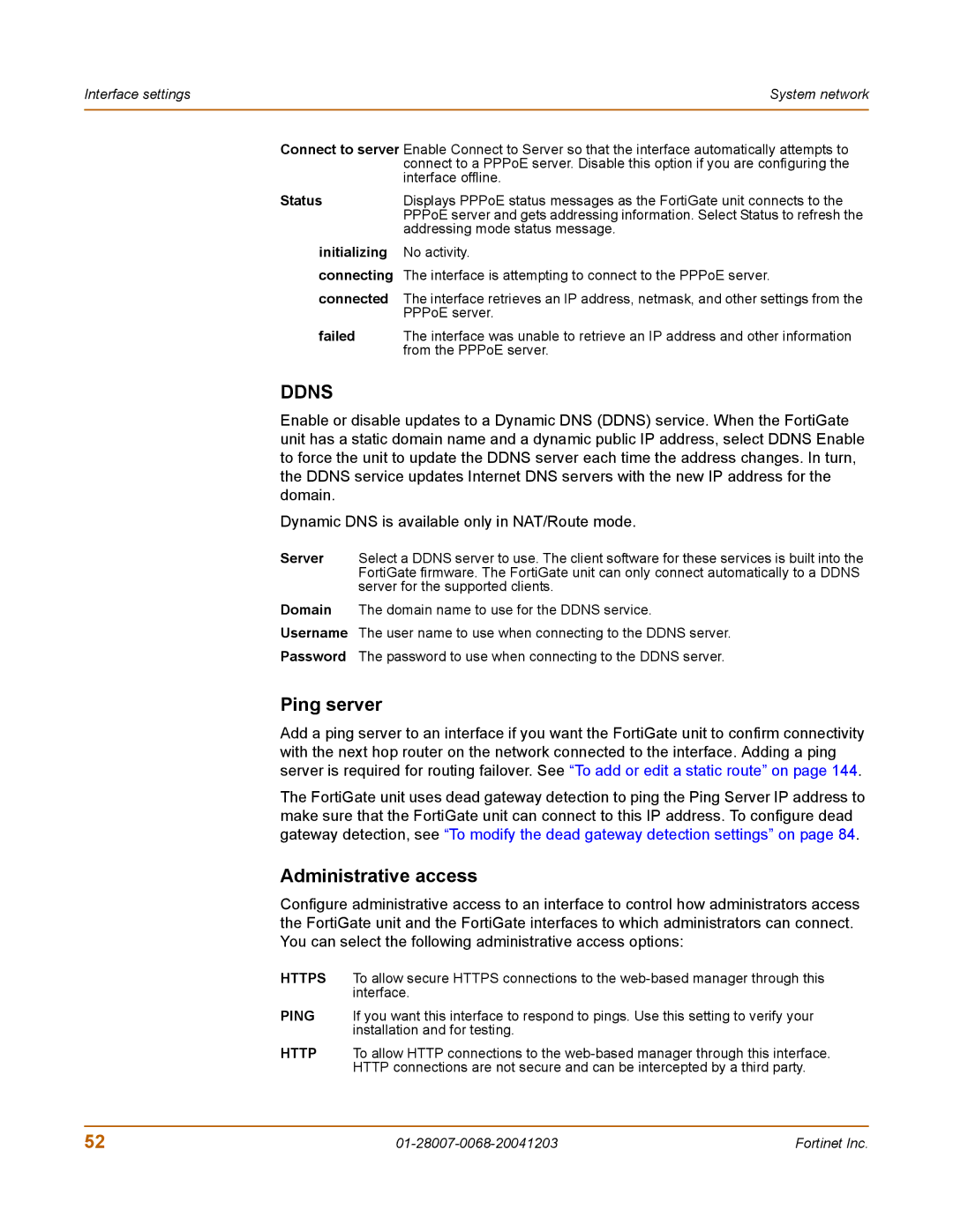 Fortinet 100A manual Ping server, Administrative access 