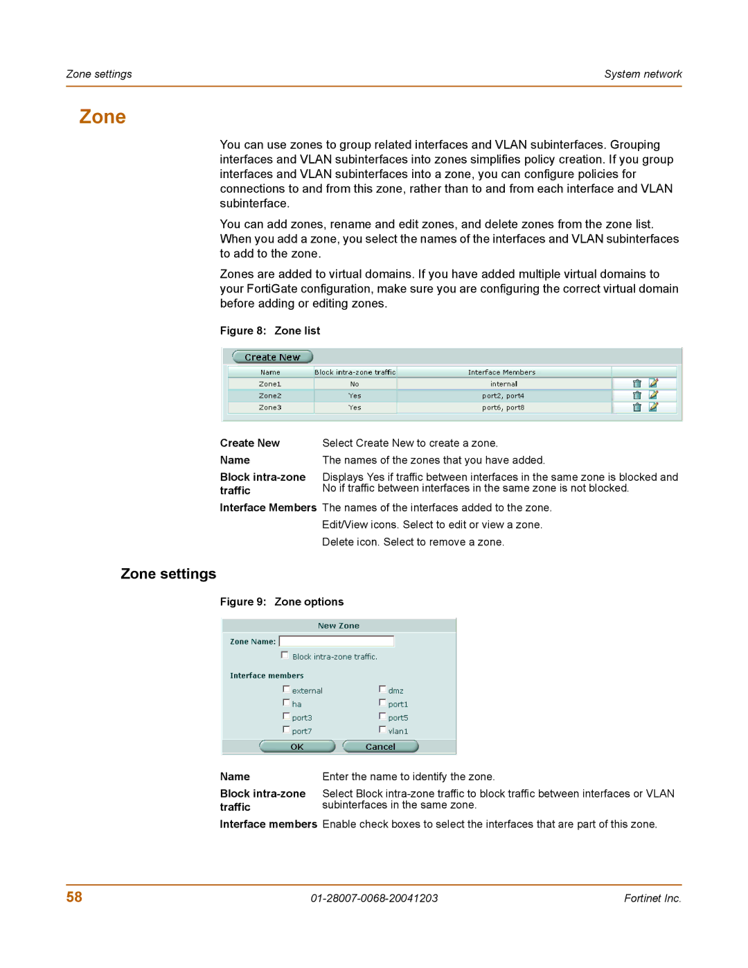 Fortinet 100A manual Zone settings, Traffic 