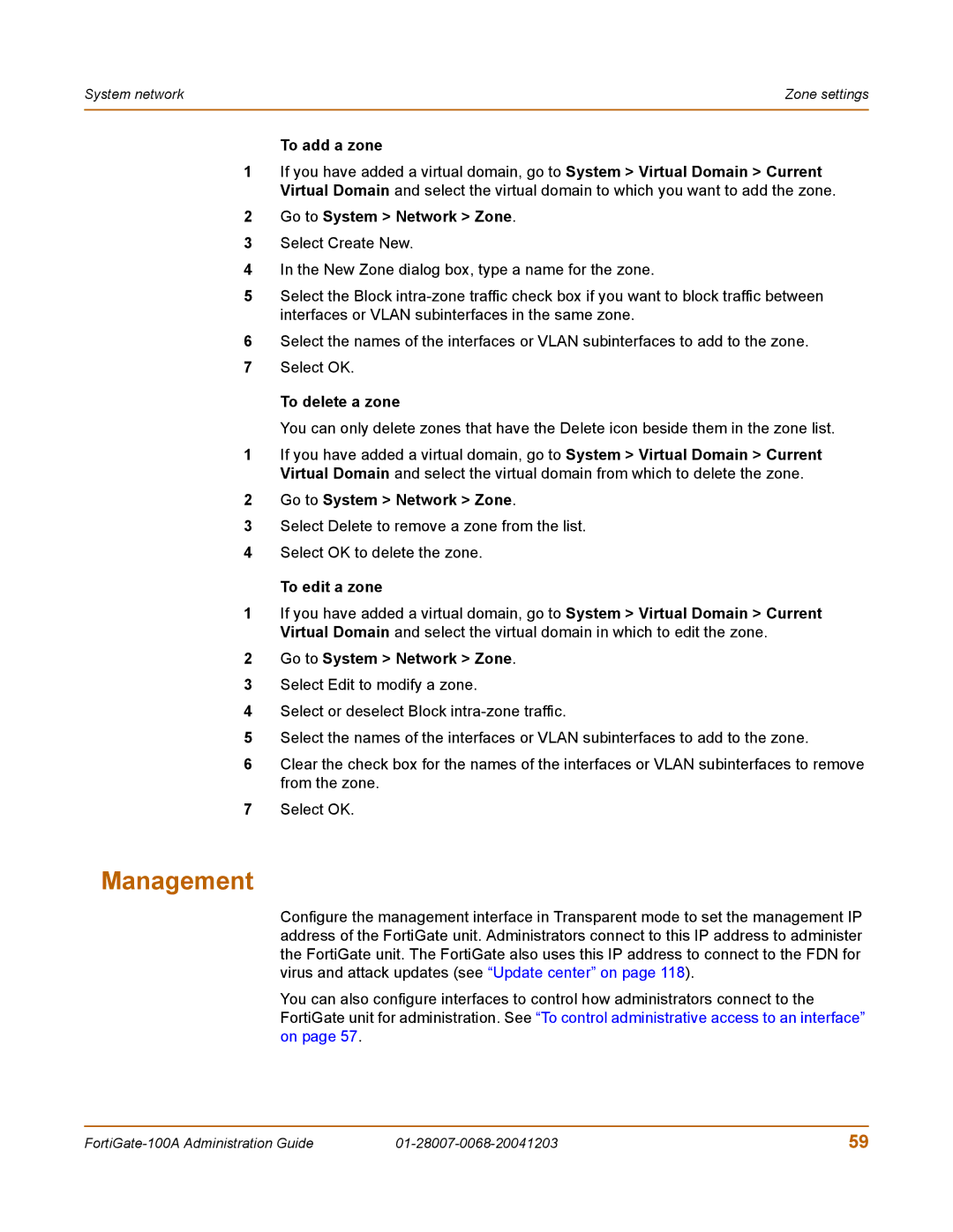 Fortinet 100A manual Management, To add a zone, To delete a zone, To edit a zone 