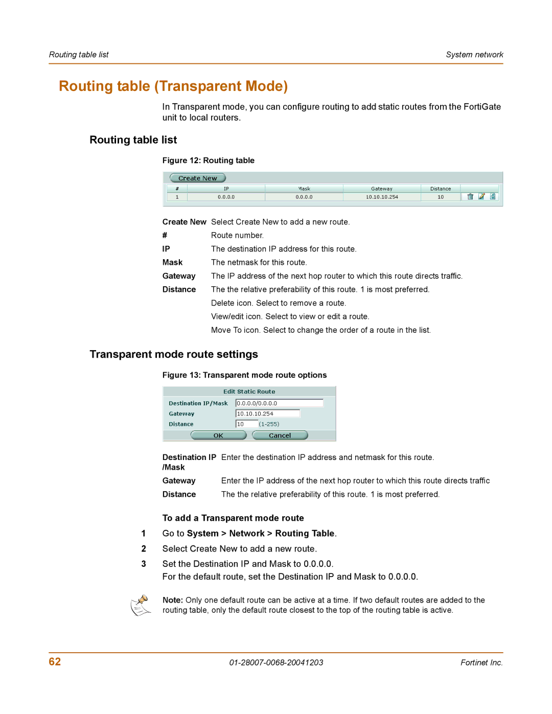 Fortinet 100A manual Routing table Transparent Mode, Routing table list, Transparent mode route settings, Mask 