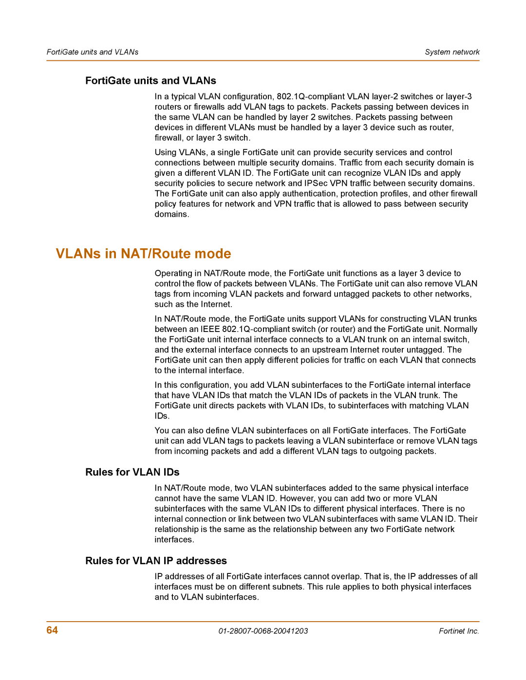 Fortinet 100A manual VLANs in NAT/Route mode, FortiGate units and VLANs, Rules for Vlan IDs, Rules for Vlan IP addresses 