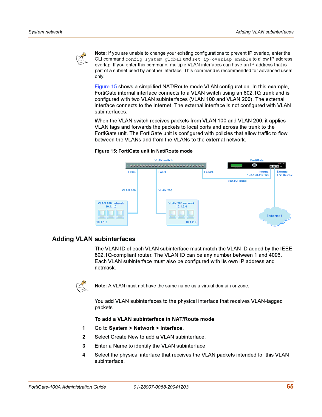 Fortinet 100A manual Adding Vlan subinterfaces, FortiGate unit in Nat/Route mode 