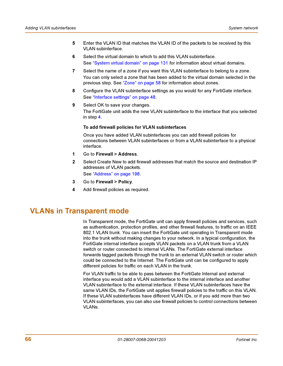 Fortinet 100A manual VLANs in Transparent mode, To add firewall policies for Vlan subinterfaces, Go to Firewall Address 