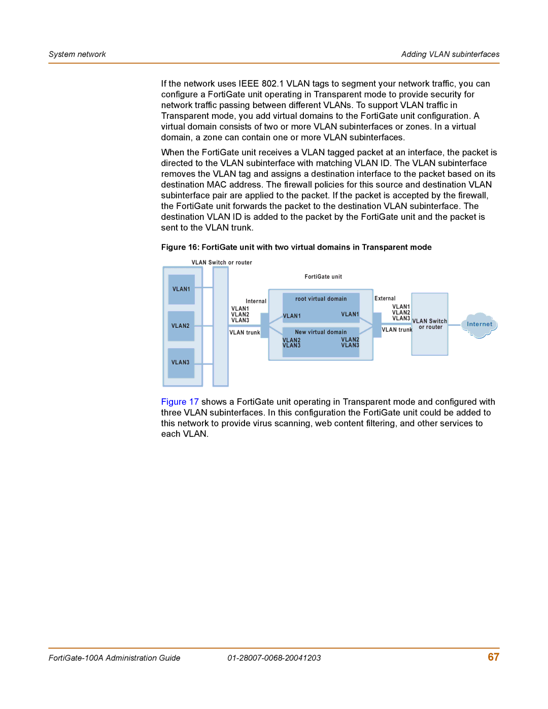 Fortinet 100A manual FortiGate unit with two virtual domains in Transparent mode 