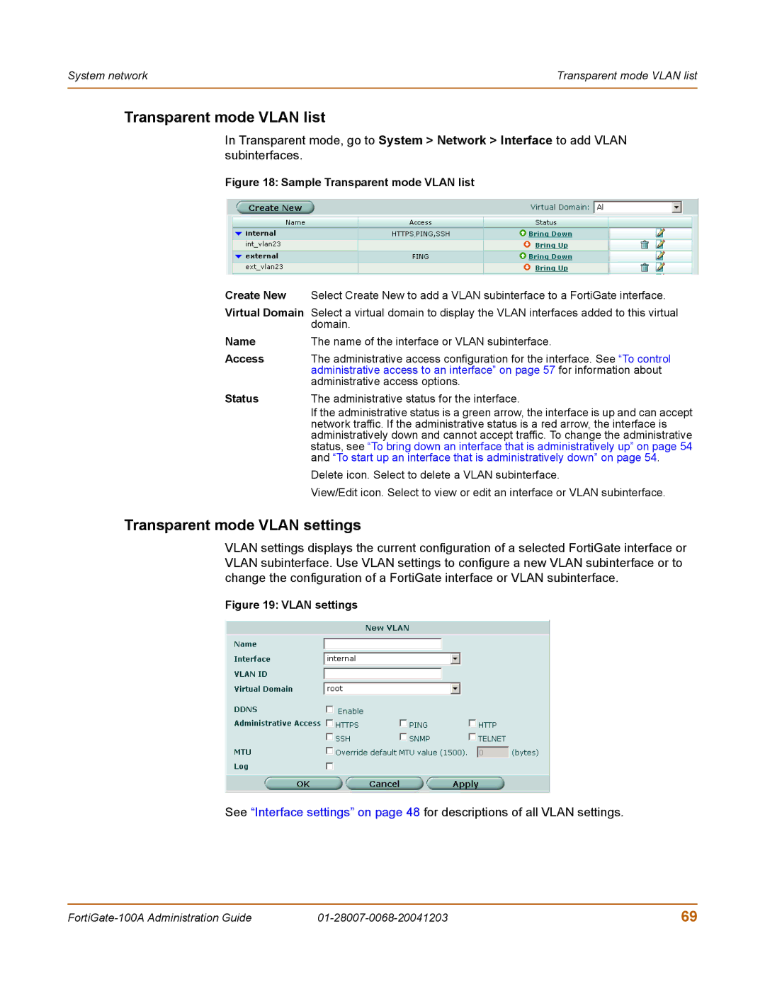 Fortinet 100A manual Transparent mode Vlan list, Transparent mode Vlan settings 