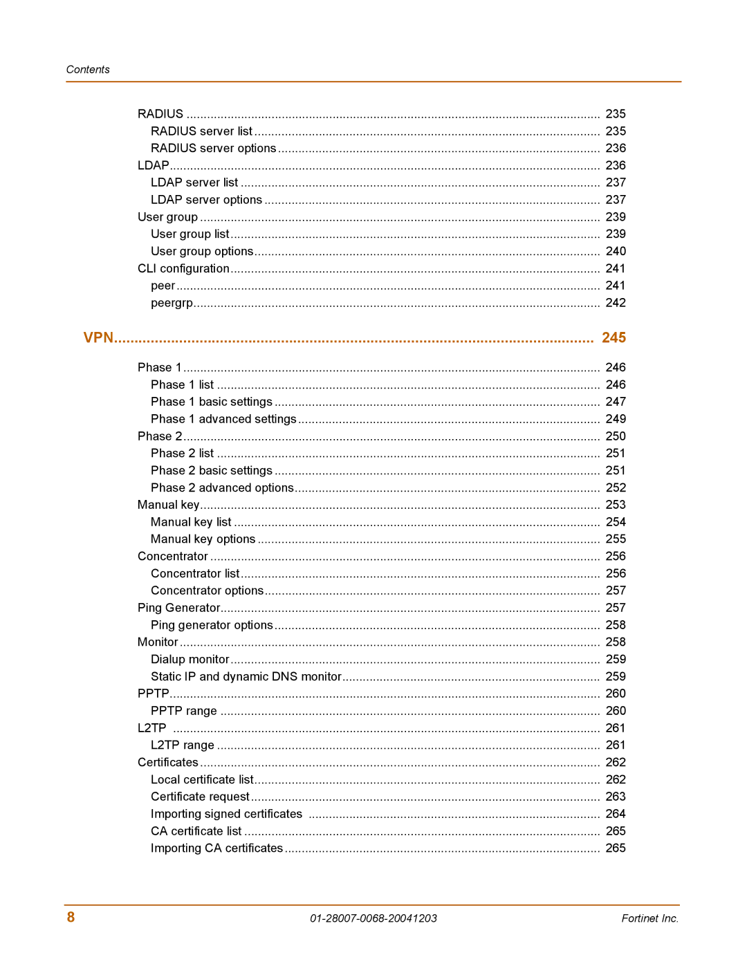 Fortinet 100A manual Radius server list 235 Radius server options 236, Pptp range 260, 261 