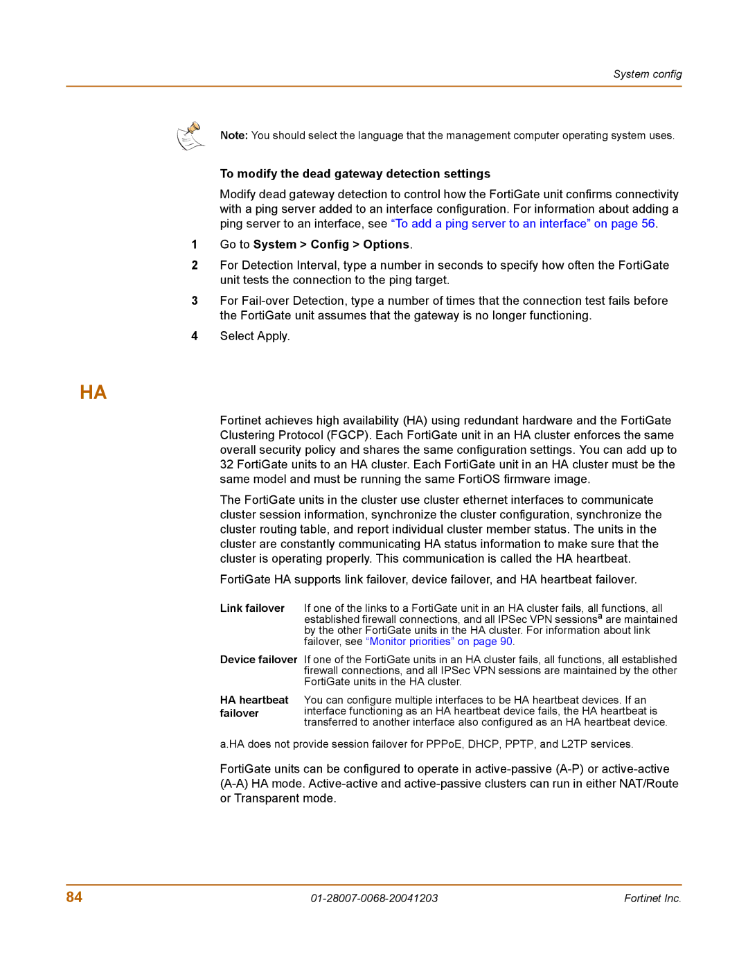 Fortinet 100A manual To modify the dead gateway detection settings, Device failover HA heartbeat failover 