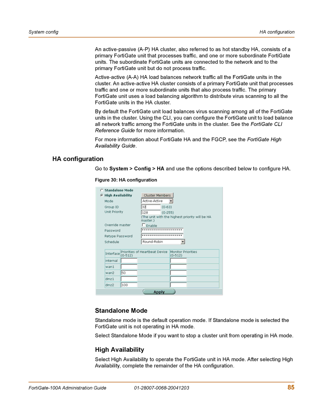 Fortinet 100A manual HA configuration, Standalone Mode 