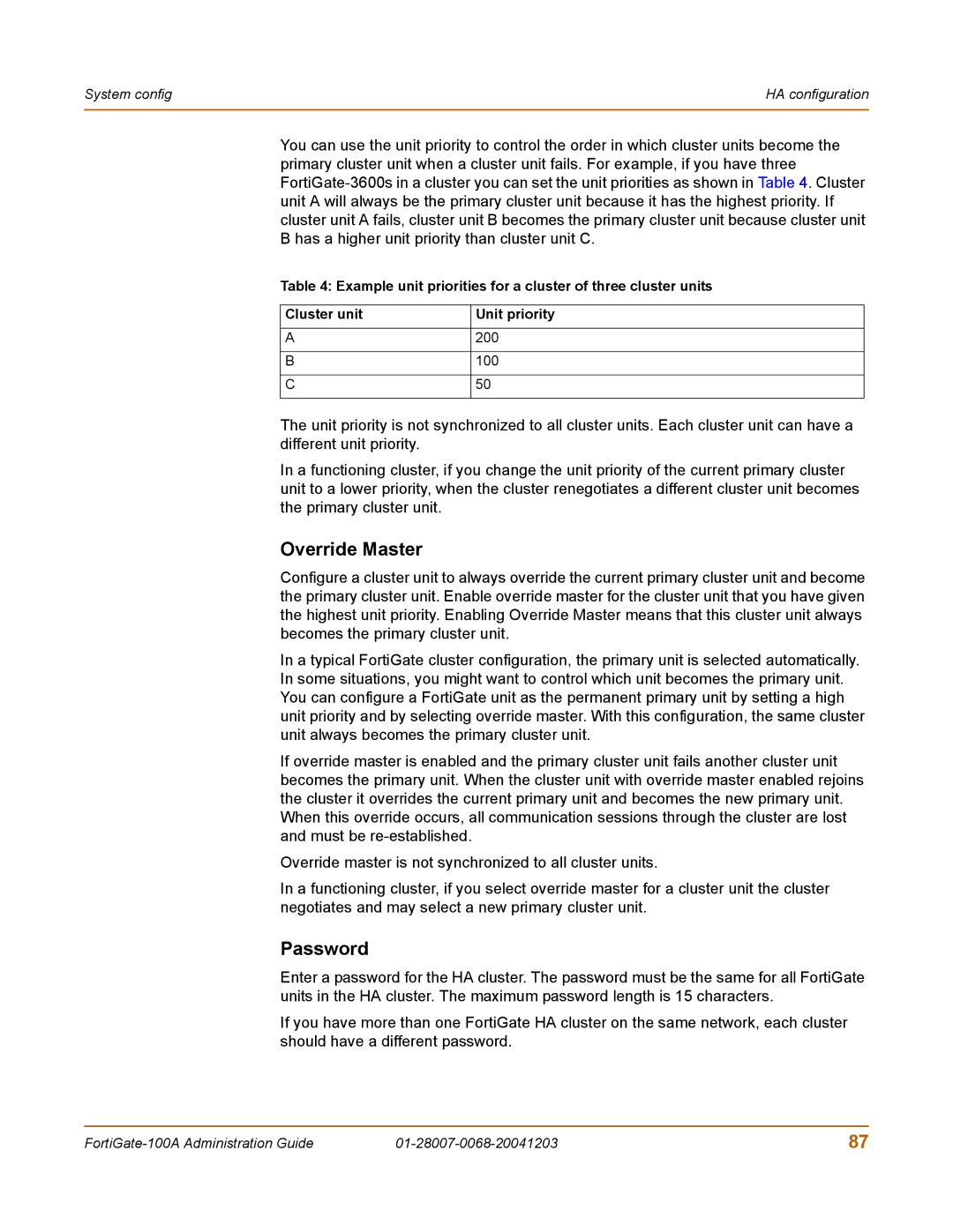 Fortinet 100A manual Override Master, Password 