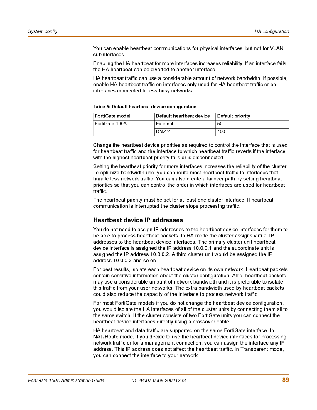 Fortinet 100A manual Heartbeat device IP addresses 