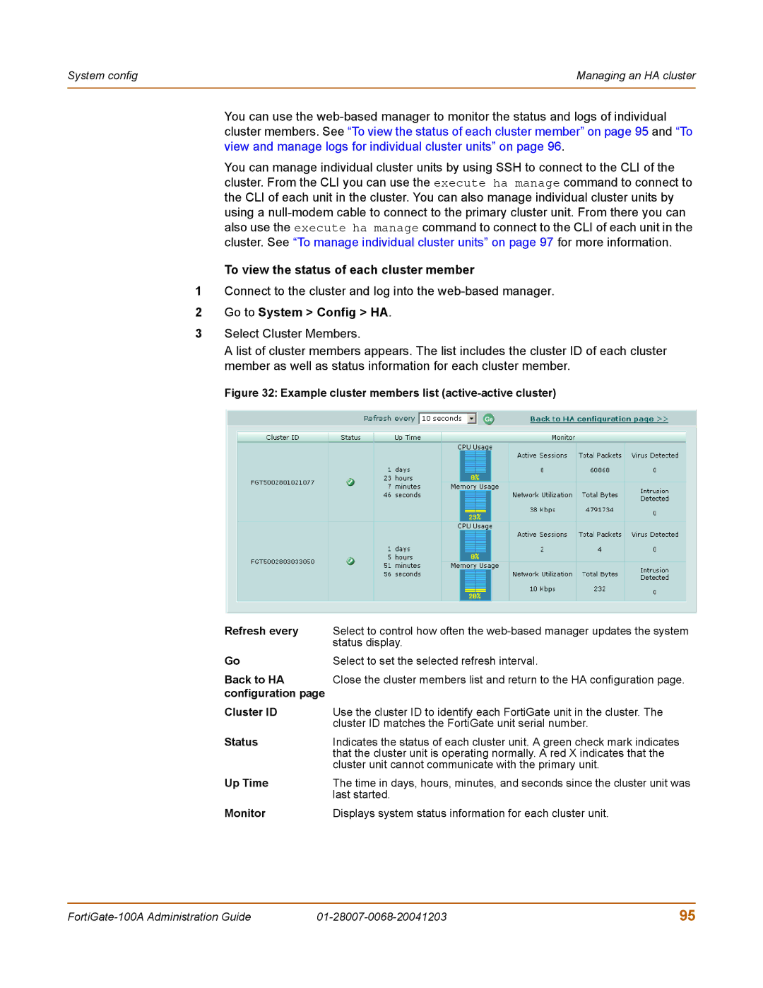 Fortinet 100A manual To view the status of each cluster member, Connect to the cluster and log into the web-based manager 