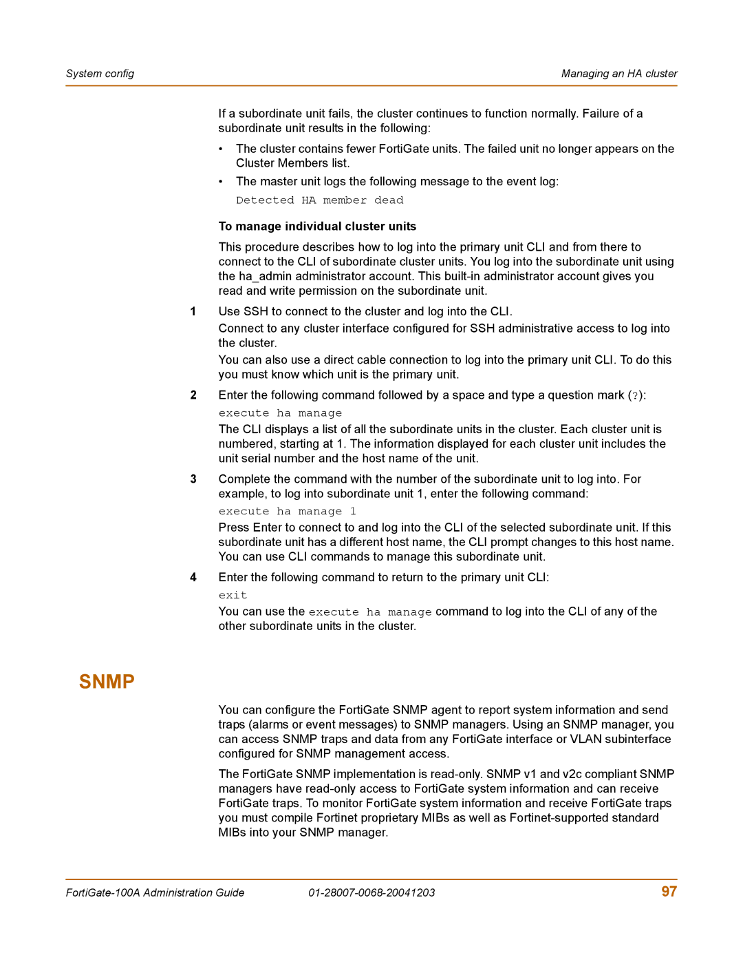 Fortinet 100A manual Snmp, To manage individual cluster units 