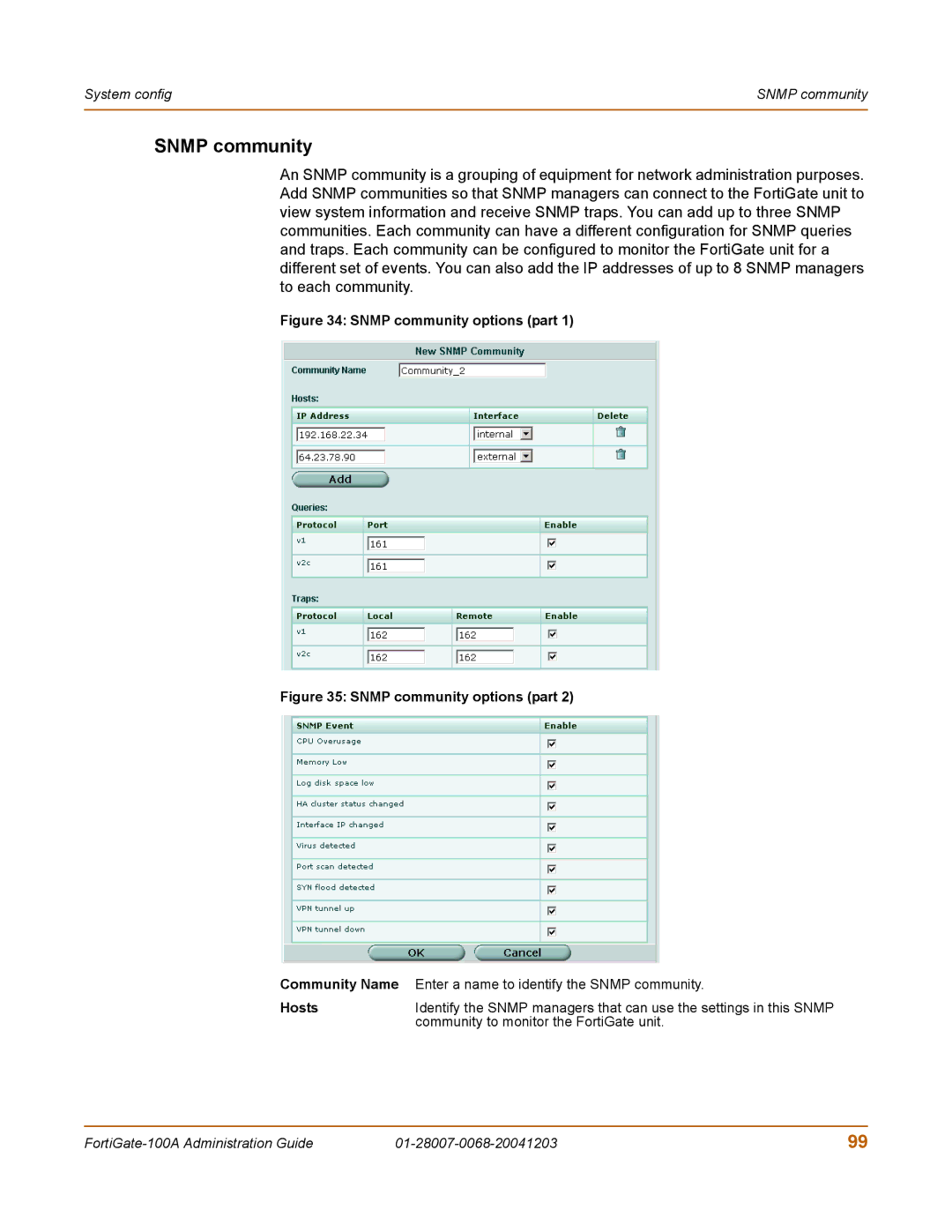 Fortinet 100A manual Snmp community options part 