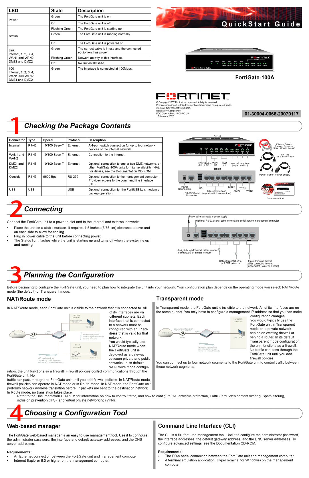 Fortinet 100A quick start Checking the Package Contents, Connecting, Planning the Configuration, NAT/Route mode, State 