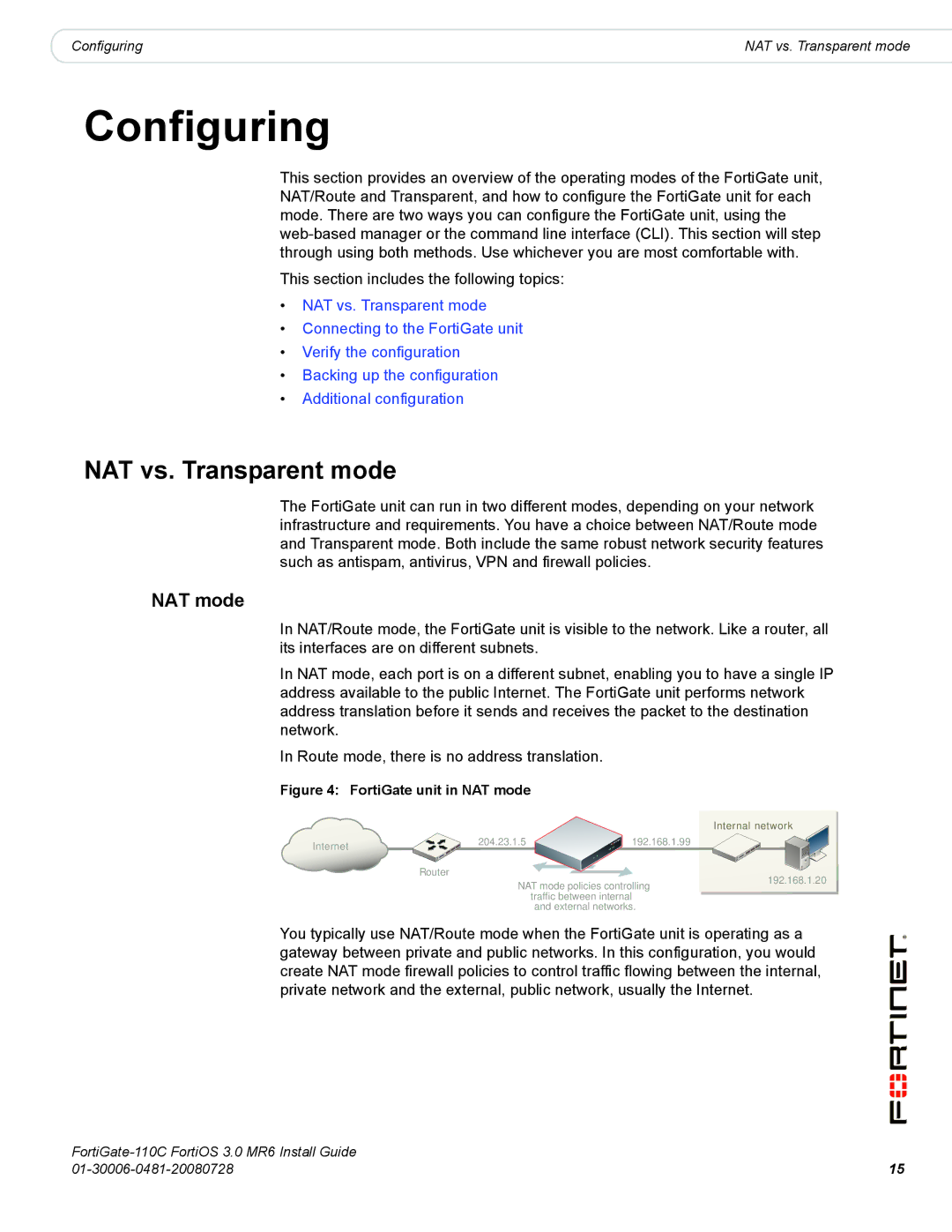 Fortinet 110C manual Configuring, NAT vs. Transparent mode, NAT mode 