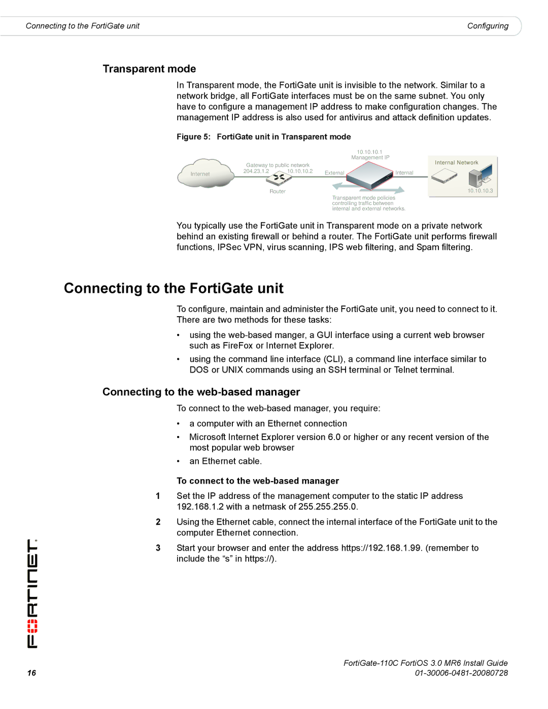 Fortinet 110C manual Connecting to the FortiGate unit, Transparent mode, Connecting to the web-based manager 