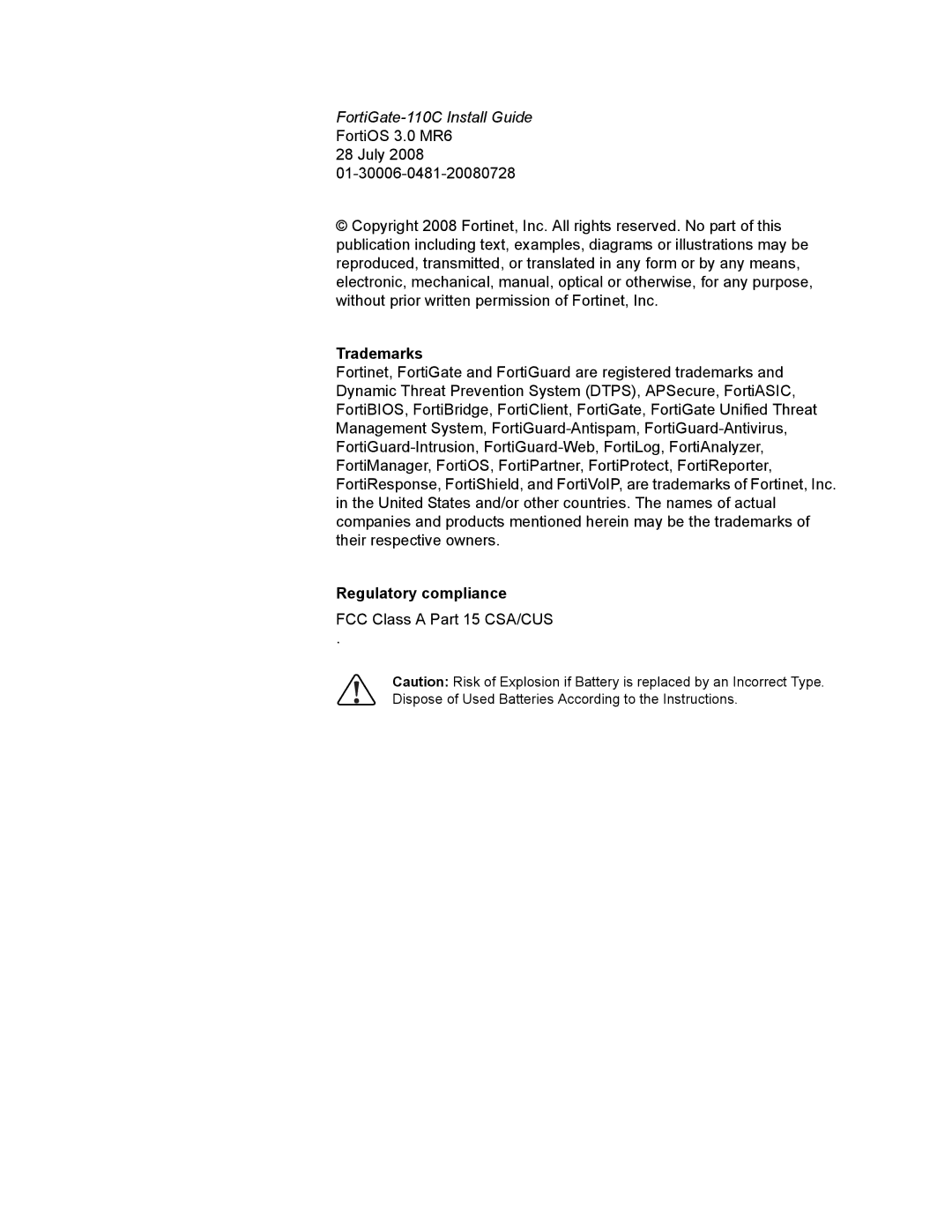 Fortinet 110C manual Trademarks, Regulatory compliance 