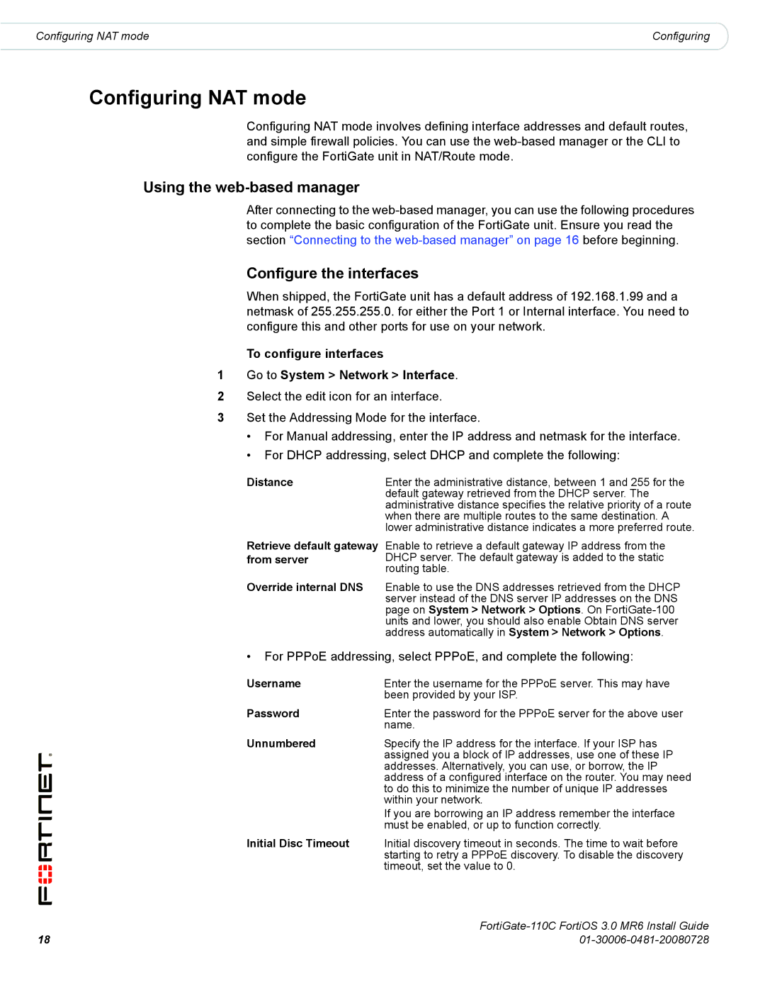 Fortinet 110C manual Configuring NAT mode, Using the web-based manager, Configure the interfaces 