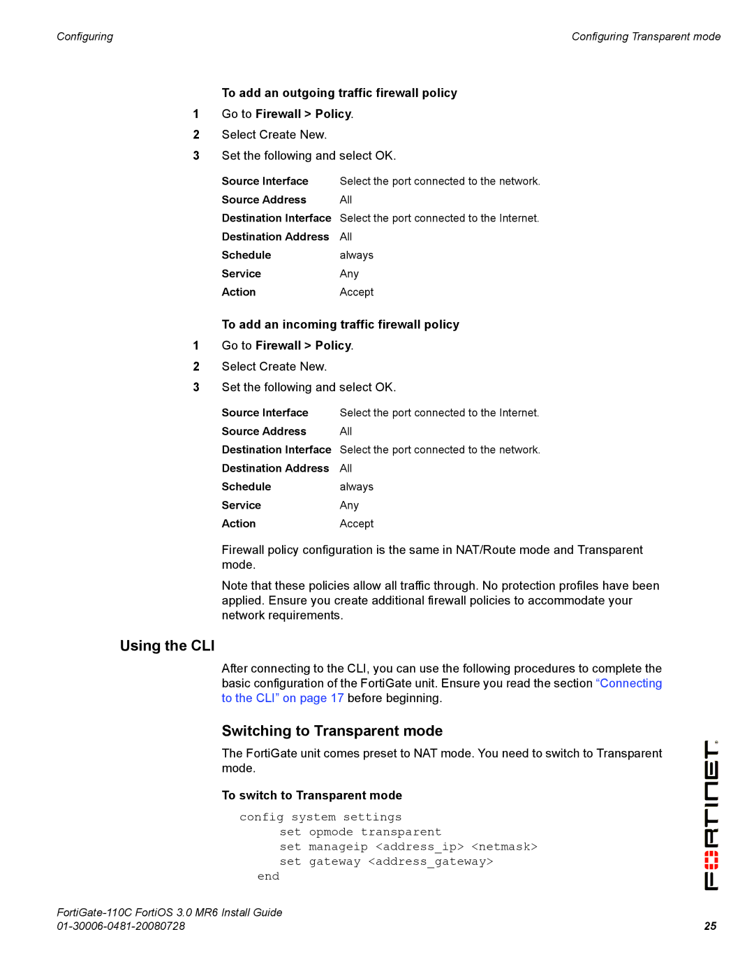 Fortinet 110C manual Using the CLI, To switch to Transparent mode 