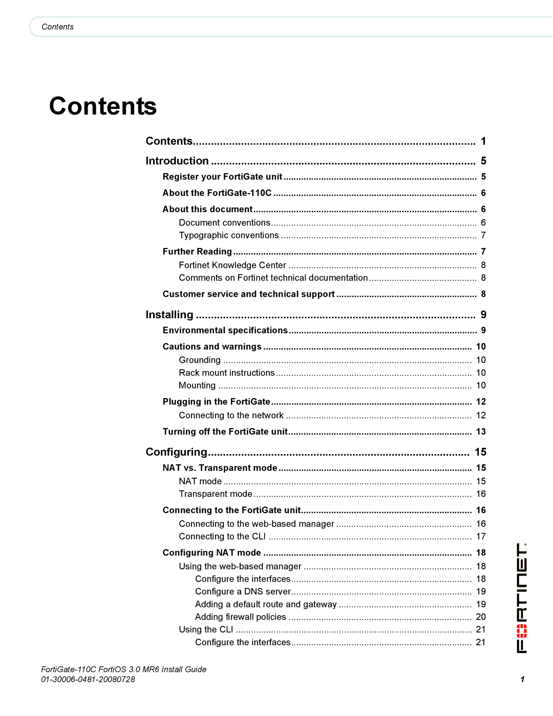 Fortinet 110C manual Contents 