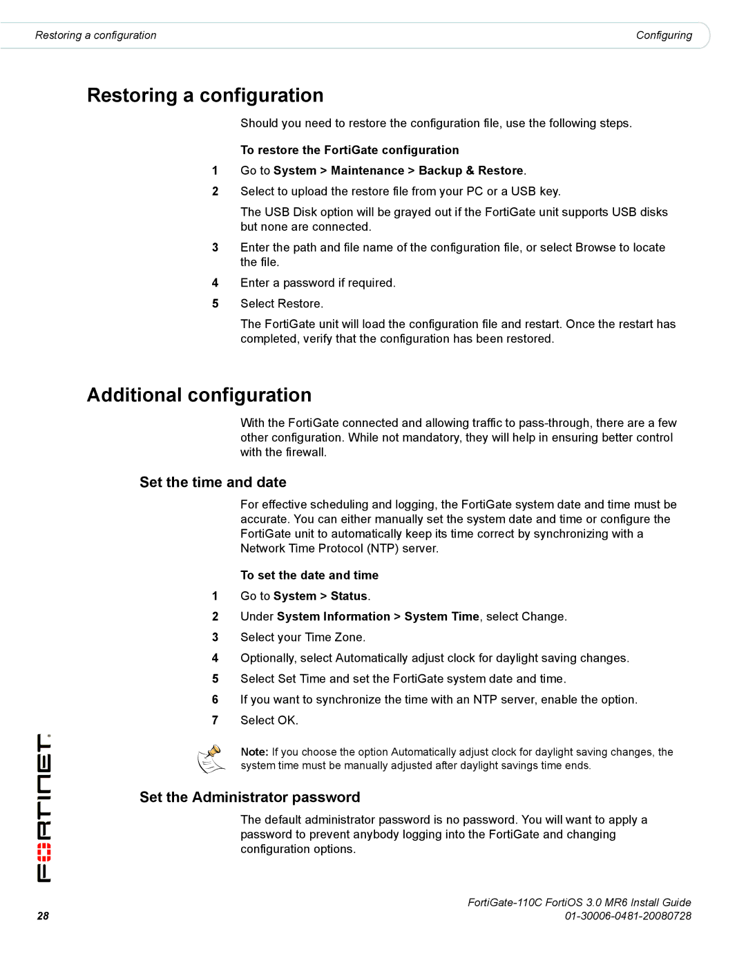 Fortinet 110C Restoring a configuration, Additional configuration, Set the time and date, Set the Administrator password 