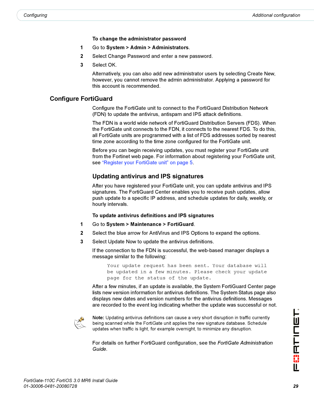 Fortinet 110C manual Configure FortiGuard, Updating antivirus and IPS signatures 