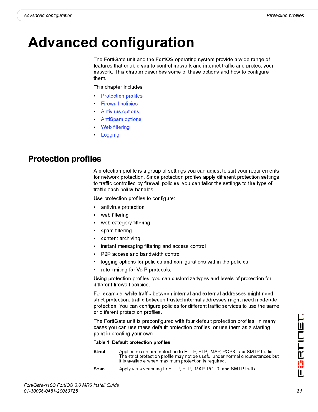 Fortinet 110C manual Advanced configuration, Protection profiles 