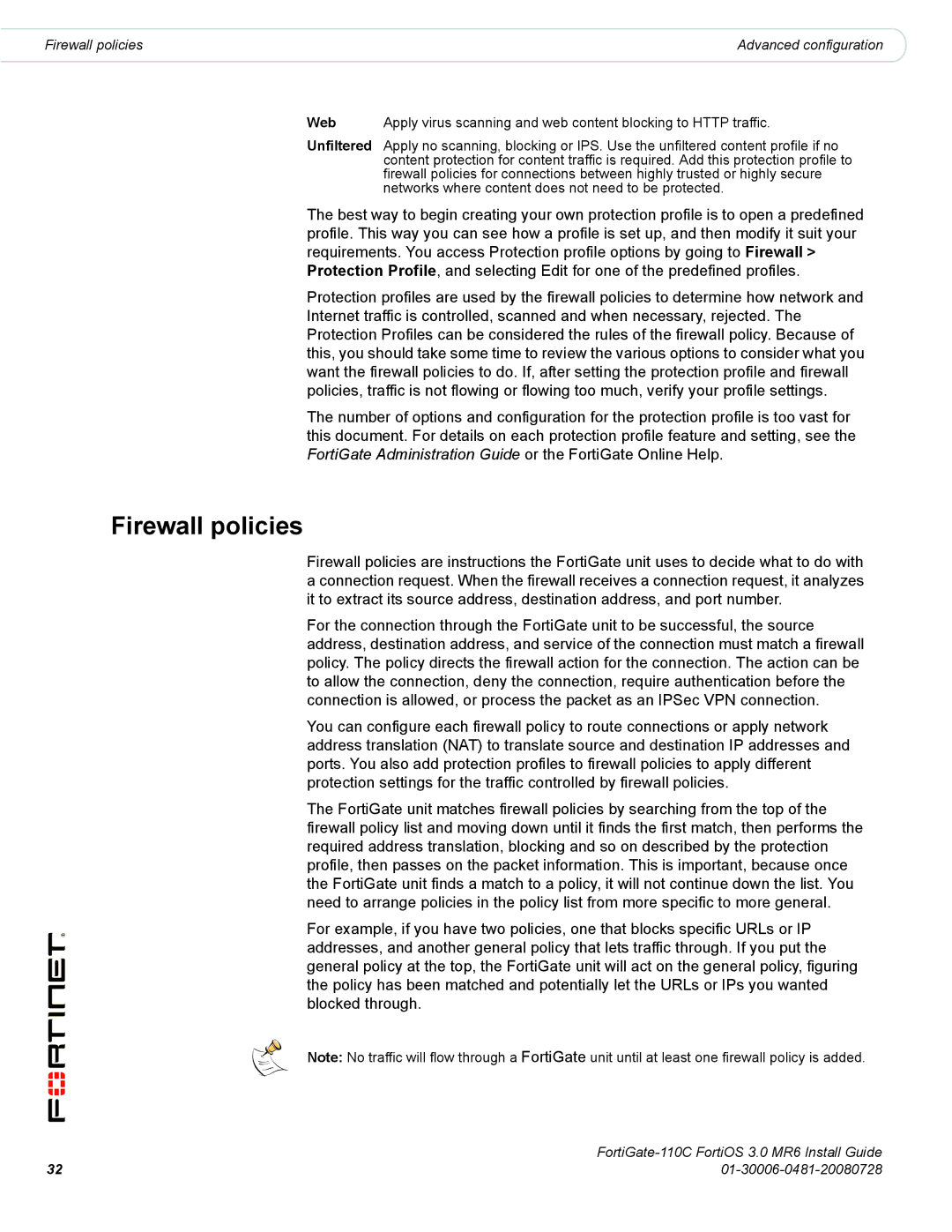 Fortinet 110C manual Firewall policies 