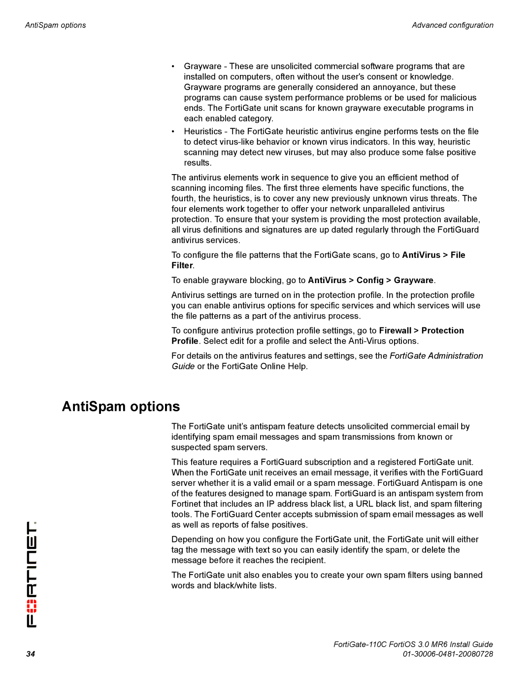 Fortinet 110C manual AntiSpam options 